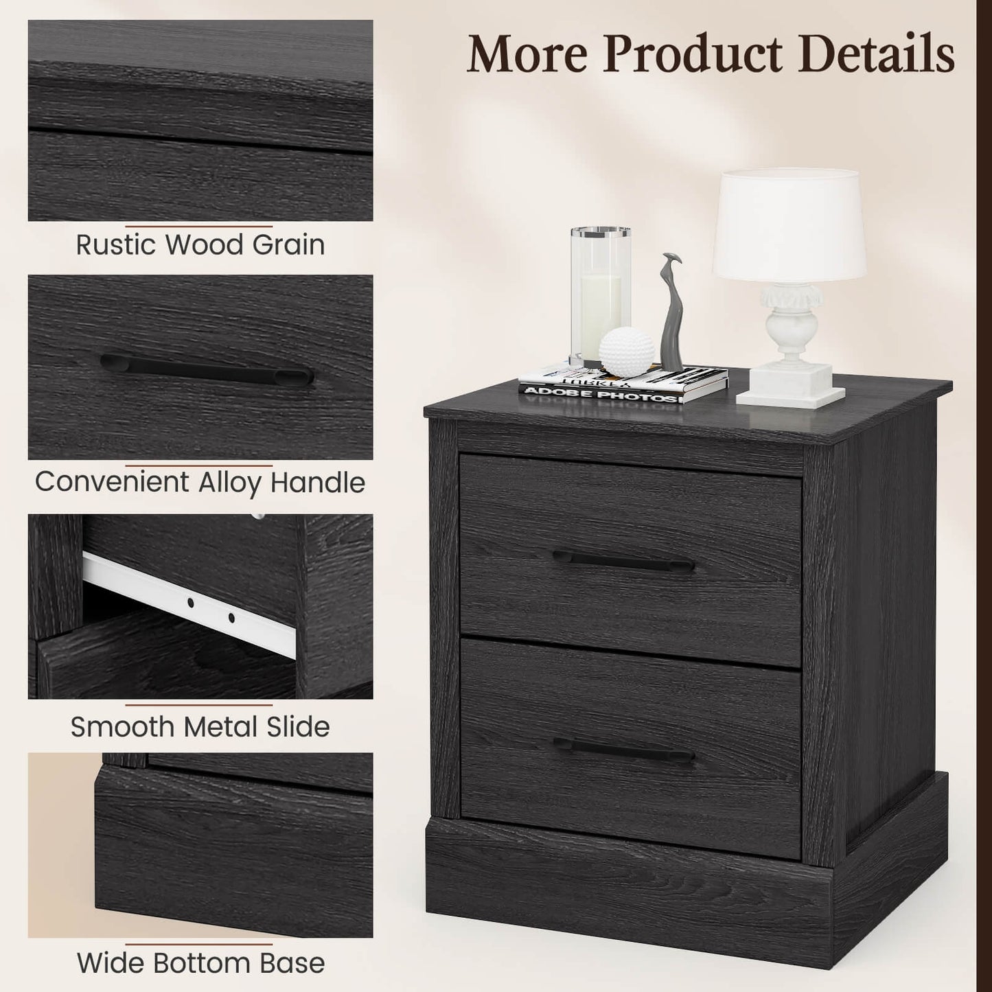 Wood Compact Floor Nightstand with Storage Drawers-Dark Gray Kids Crystal