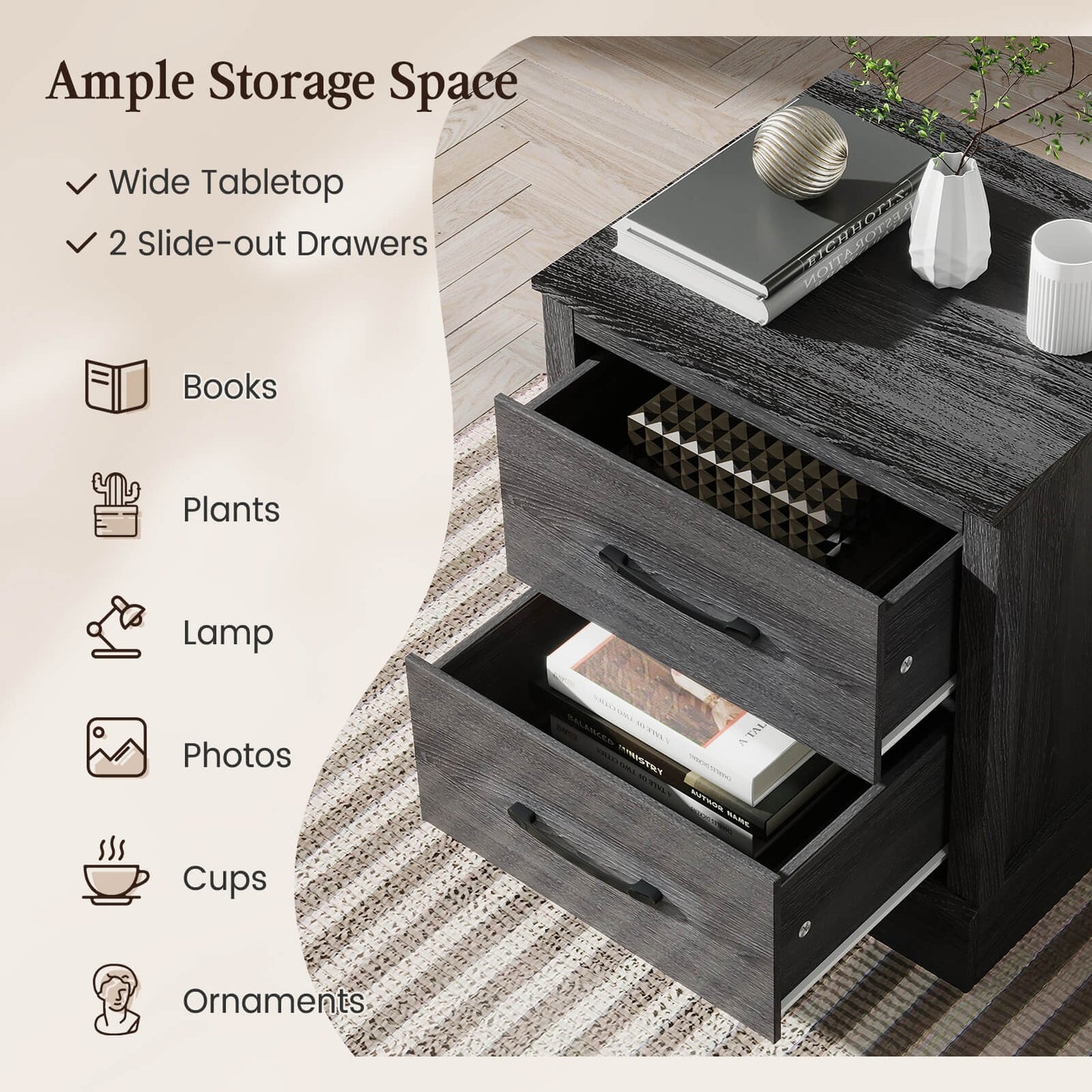 Wood Compact Floor Nightstand with Storage Drawers-Dark Gray Kids Crystal