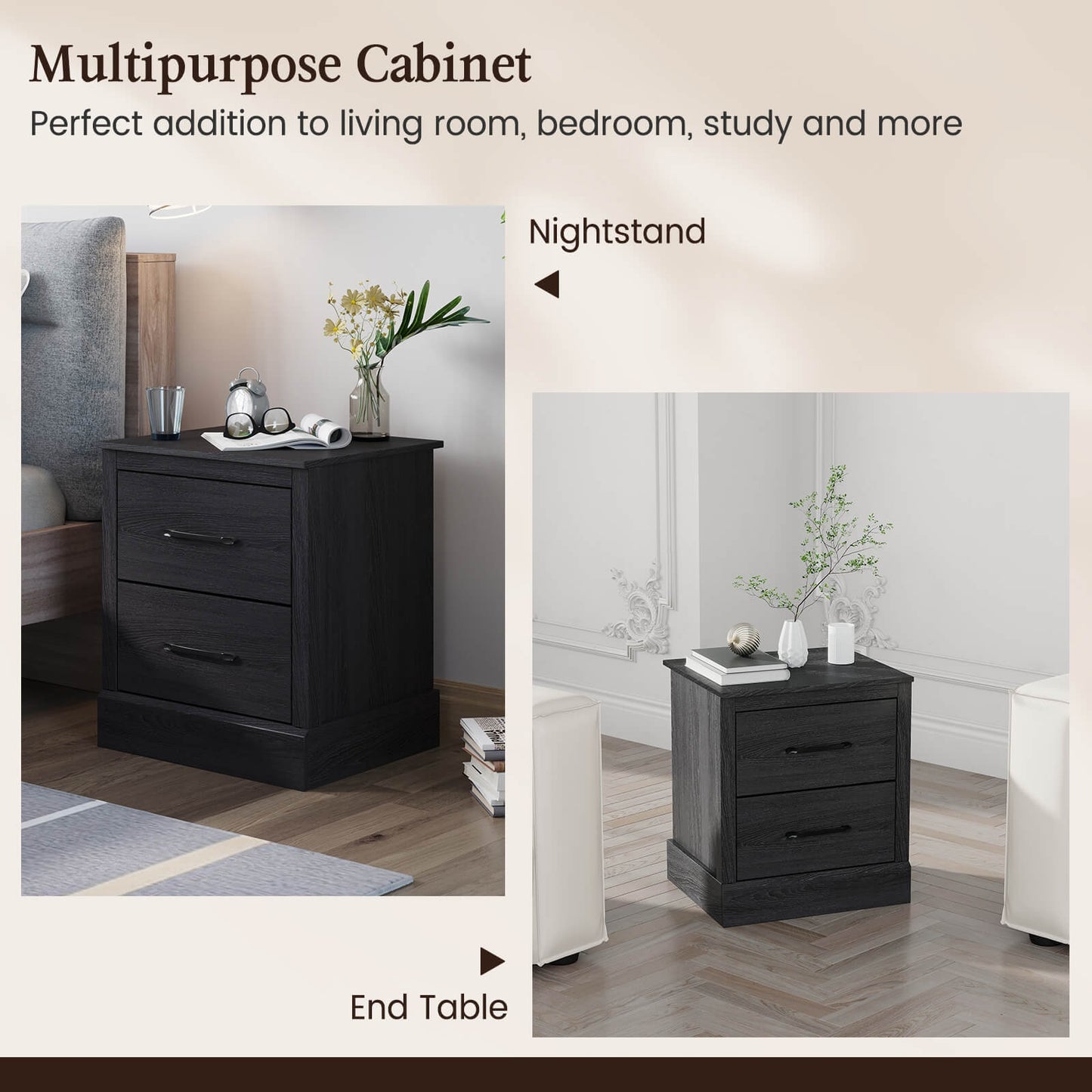 Wood Compact Floor Nightstand with Storage Drawers-Dark Gray Kids Crystal
