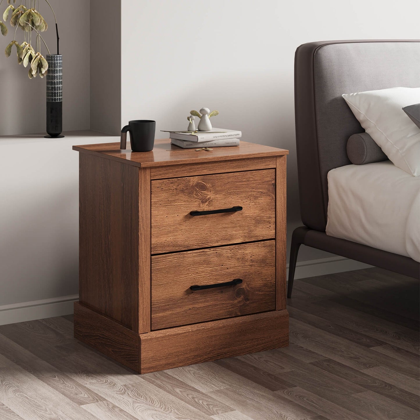 Wood Compact Floor Nightstand with Storage Drawers-Rustic Brown Kids Crystal