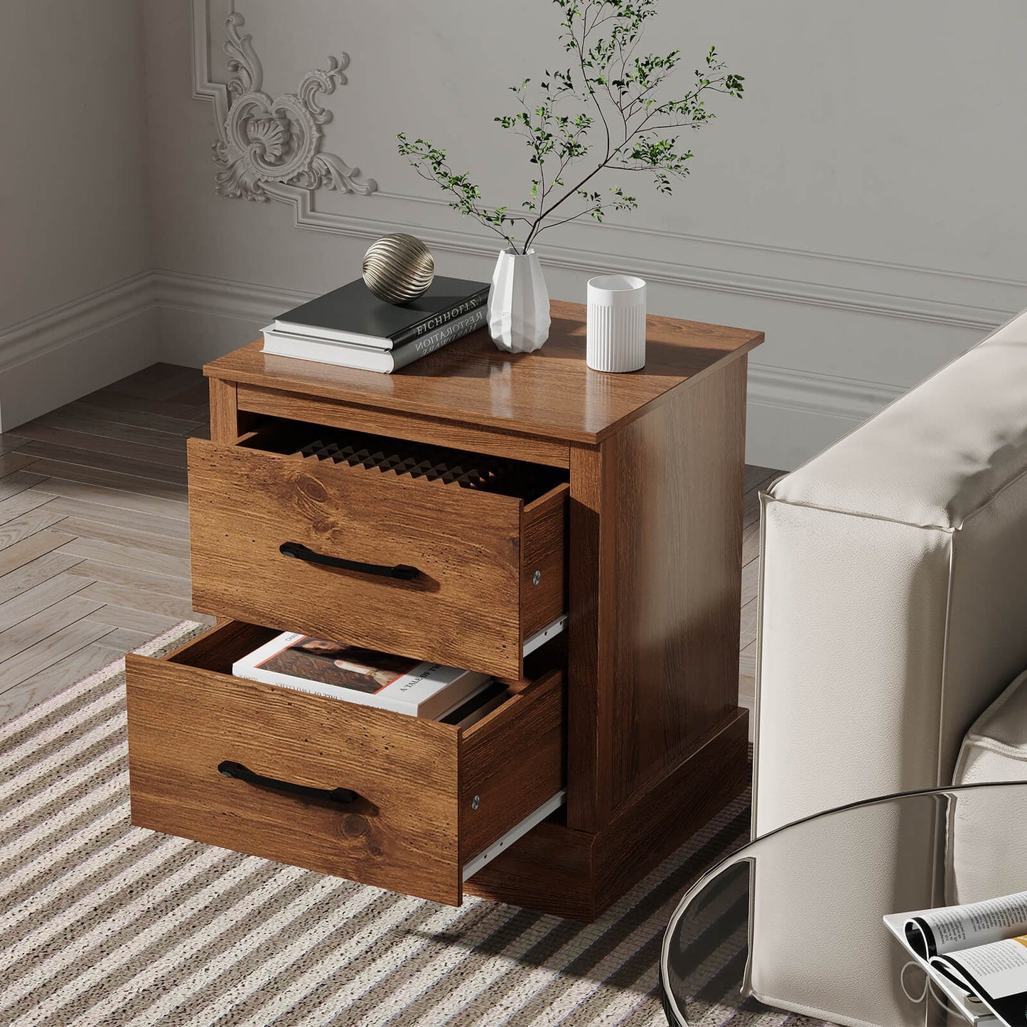 Wood Compact Floor Nightstand with Storage Drawers-Rustic Brown Kids Crystal