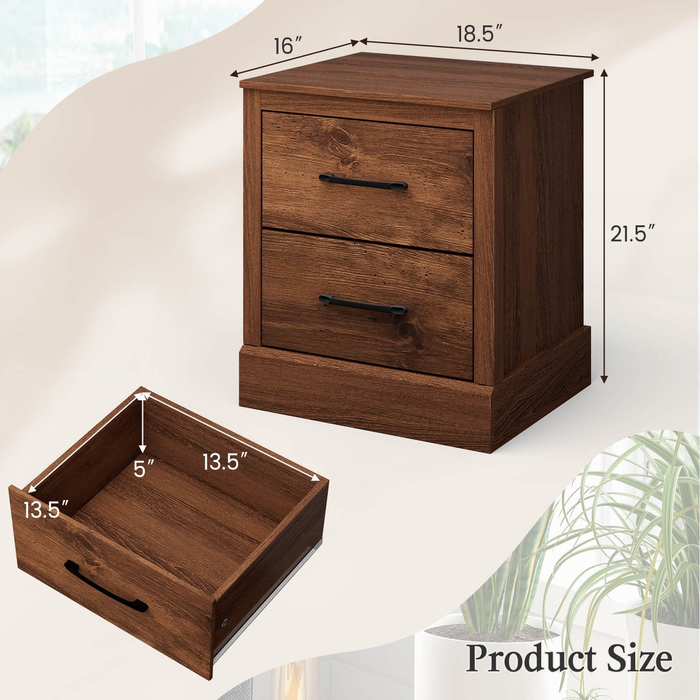 Wood Compact Floor Nightstand with Storage Drawers-Rustic Brown Kids Crystal