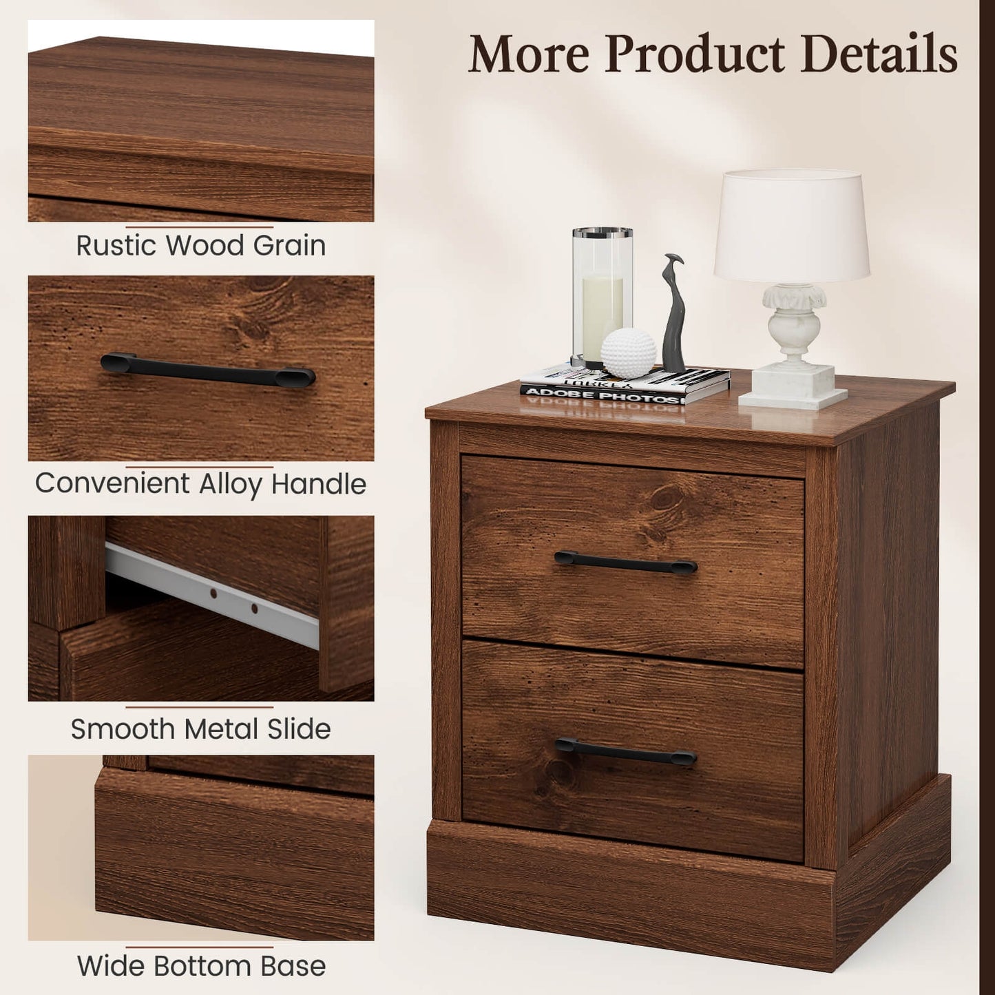 Wood Compact Floor Nightstand with Storage Drawers-Rustic Brown Kids Crystal