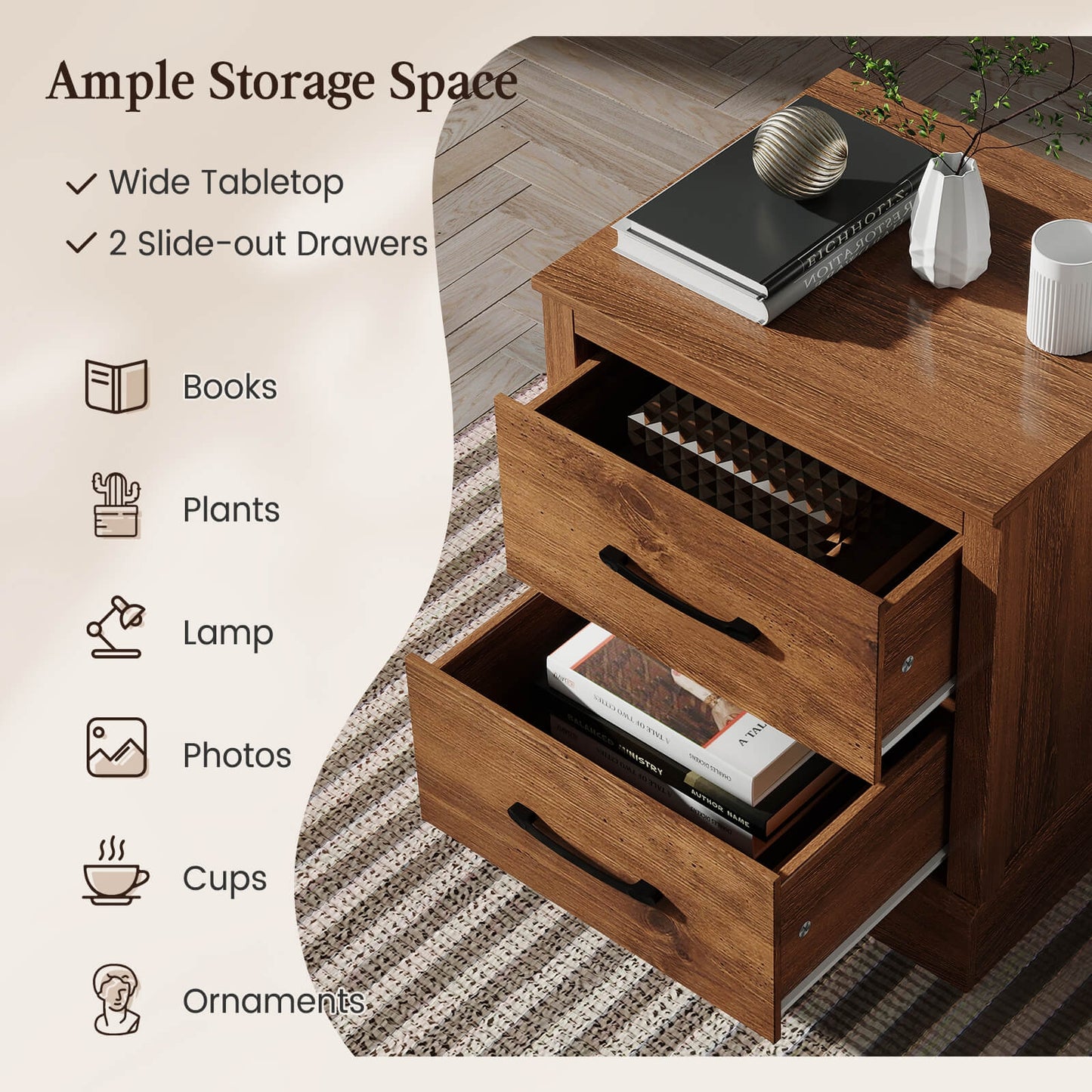 Wood Compact Floor Nightstand with Storage Drawers-Rustic Brown Kids Crystal
