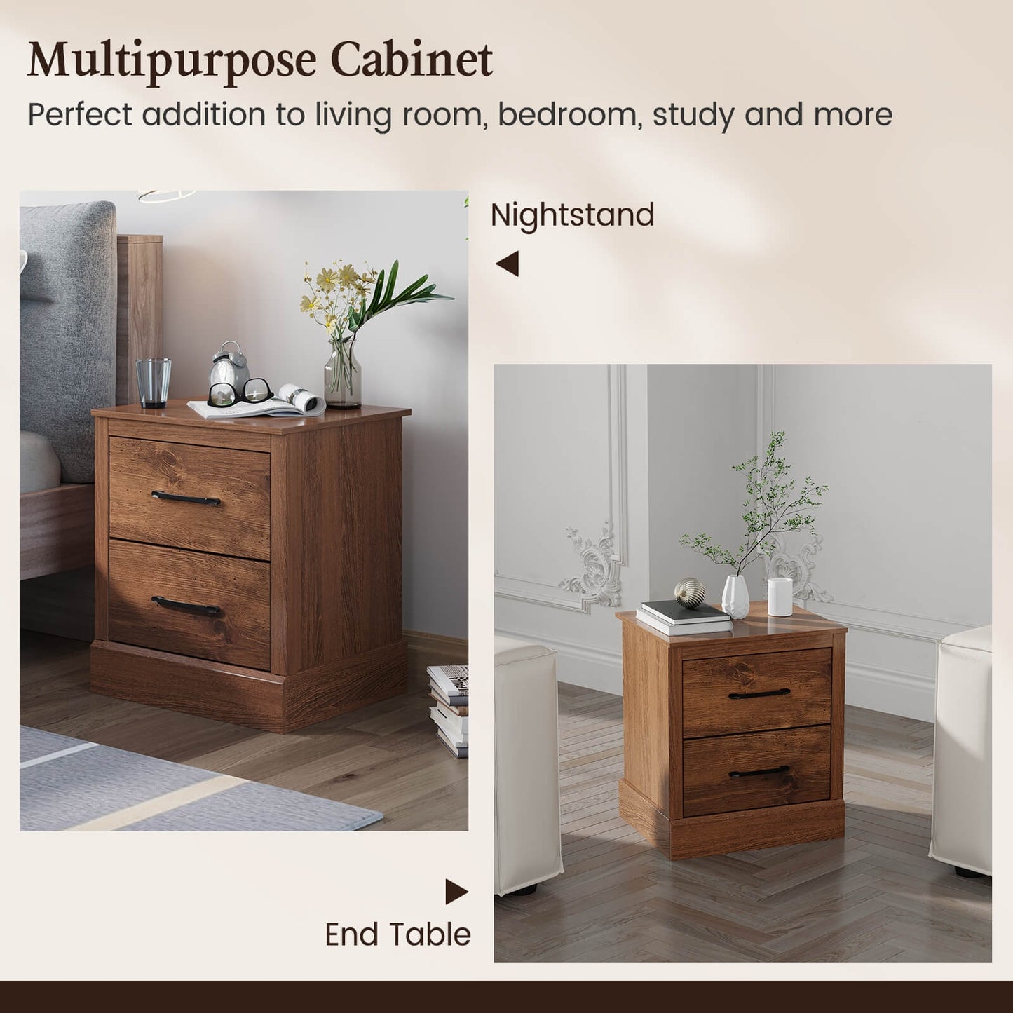 Wood Compact Floor Nightstand with Storage Drawers-Rustic Brown Kids Crystal