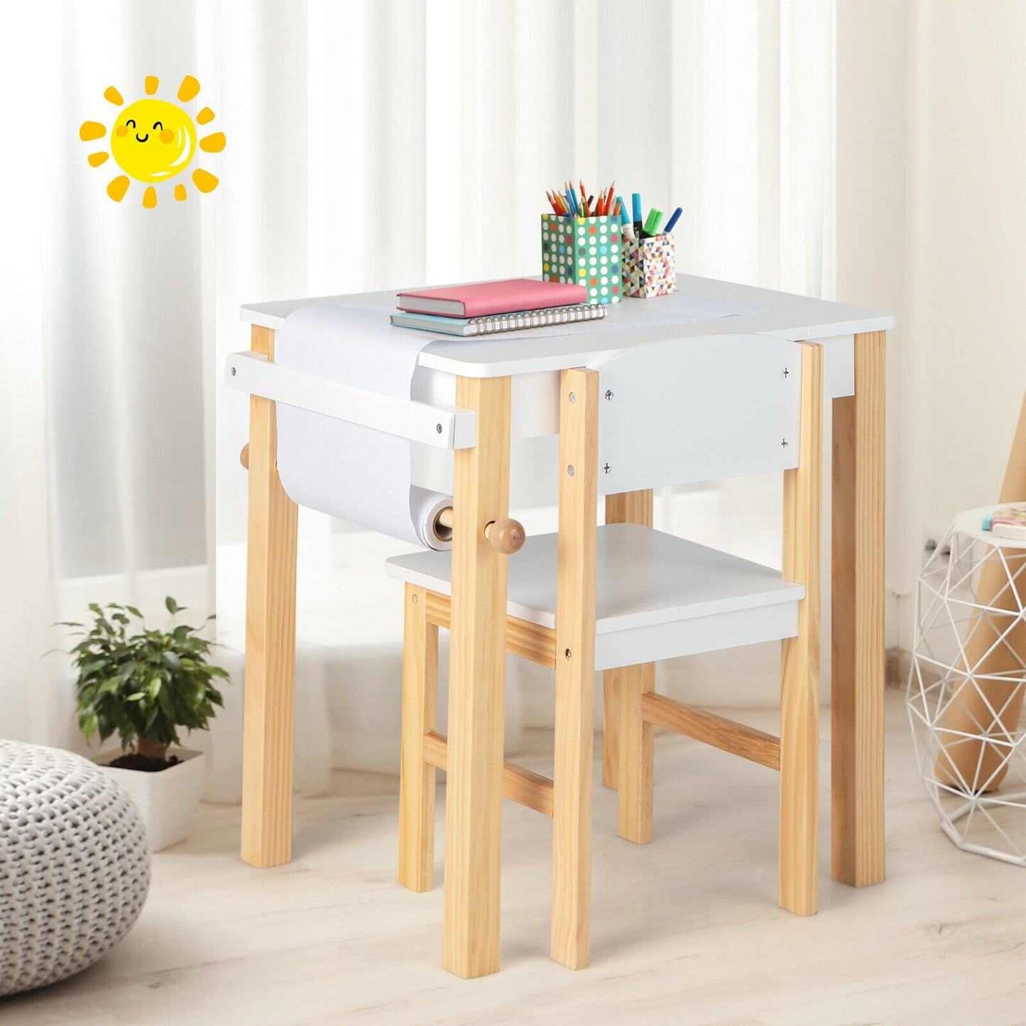 Kids Art Table and Chair Set with Drawer Paper Roll and 2 Markers-White Kids Crystal
