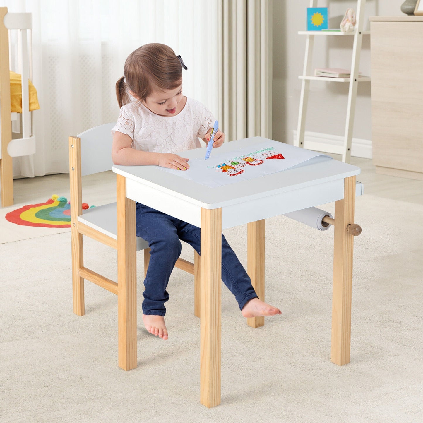 Kids Art Table and Chair Set with Drawer Paper Roll and 2 Markers-White Kids Crystal