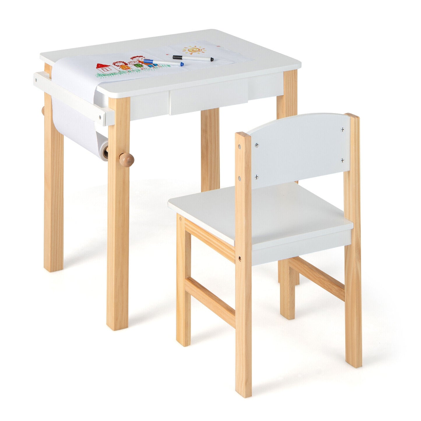 Kids Art Table and Chair Set with Drawer Paper Roll and 2 Markers-White Kids Crystal