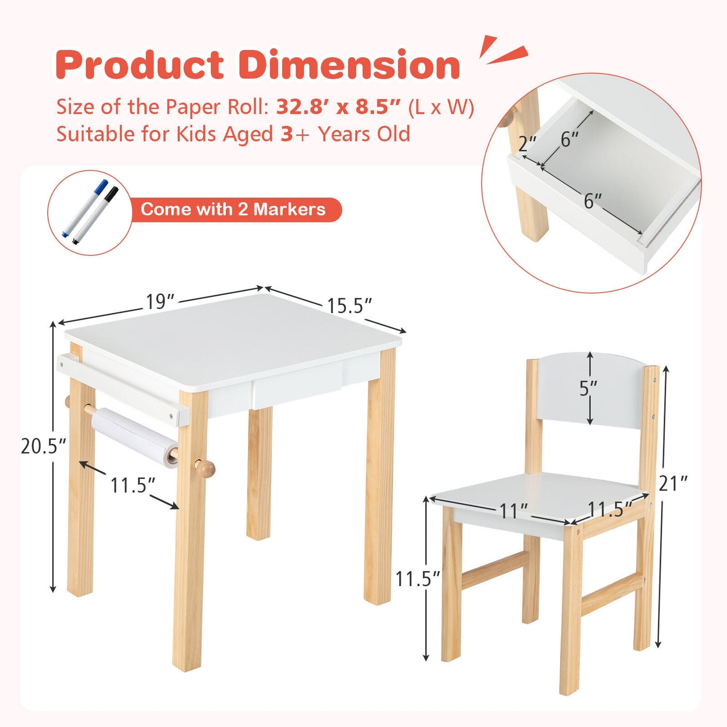 Kids Art Table and Chair Set with Drawer Paper Roll and 2 Markers-White Kids Crystal