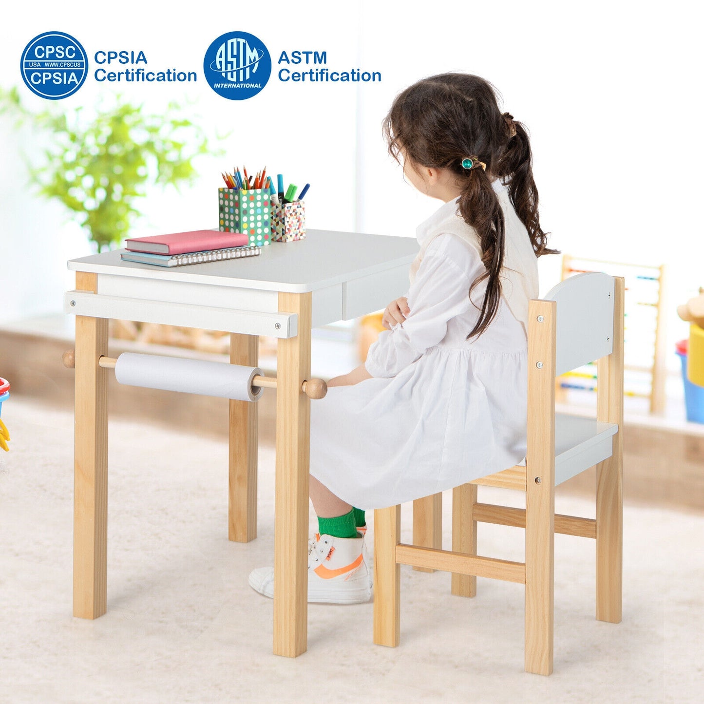 Kids Art Table and Chair Set with Drawer Paper Roll and 2 Markers-White Kids Crystal