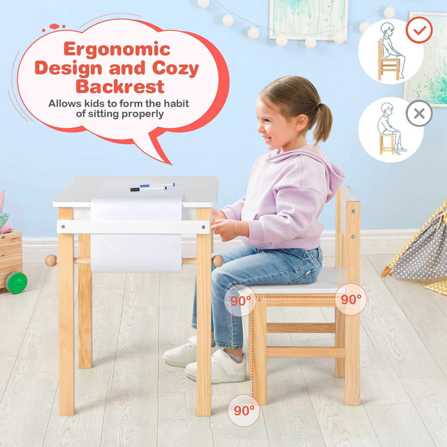 Kids Art Table and Chair Set with Drawer Paper Roll and 2 Markers-White Kids Crystal