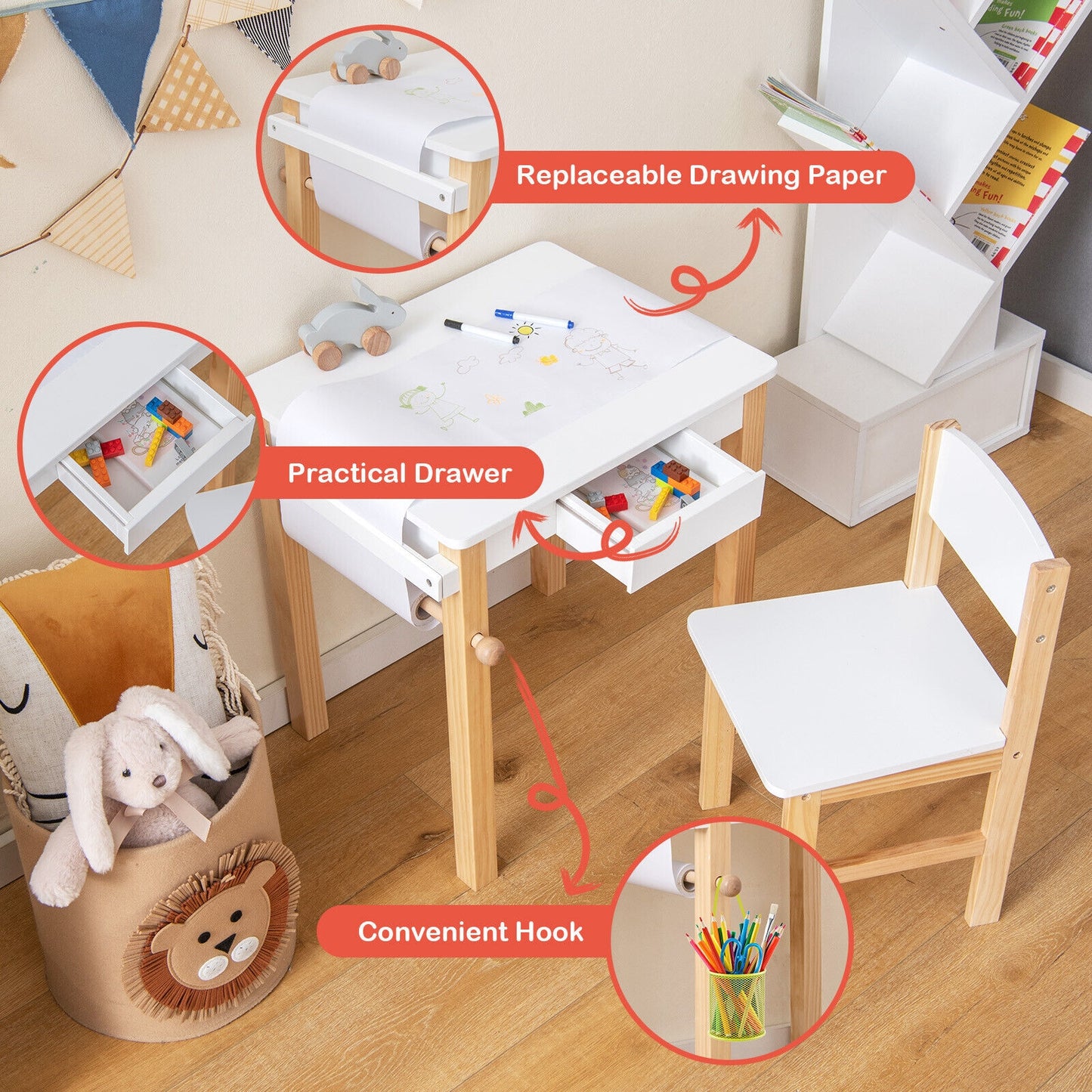 Kids Art Table and Chair Set with Drawer Paper Roll and 2 Markers-White Kids Crystal