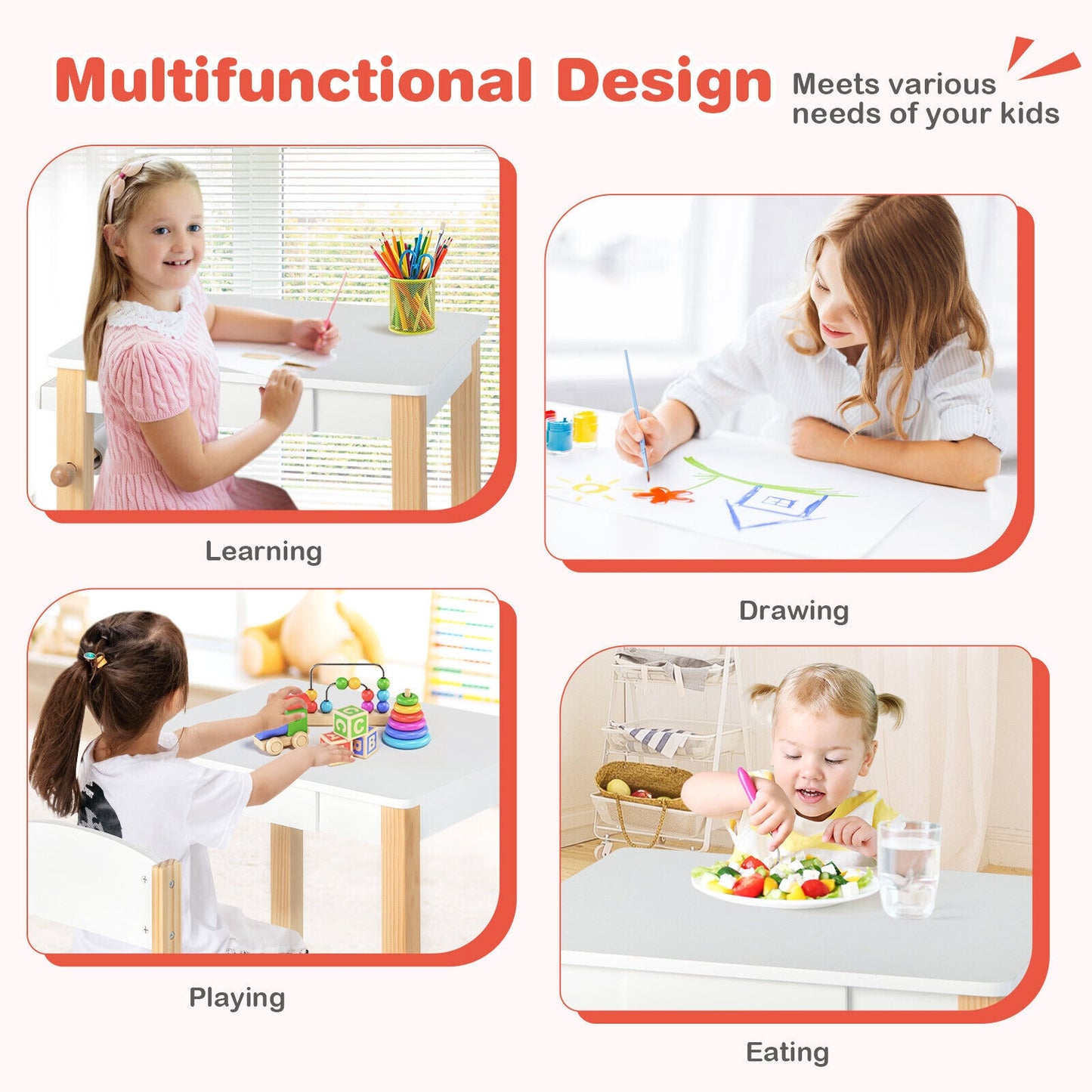 Kids Art Table and Chair Set with Drawer Paper Roll and 2 Markers-White Kids Crystal
