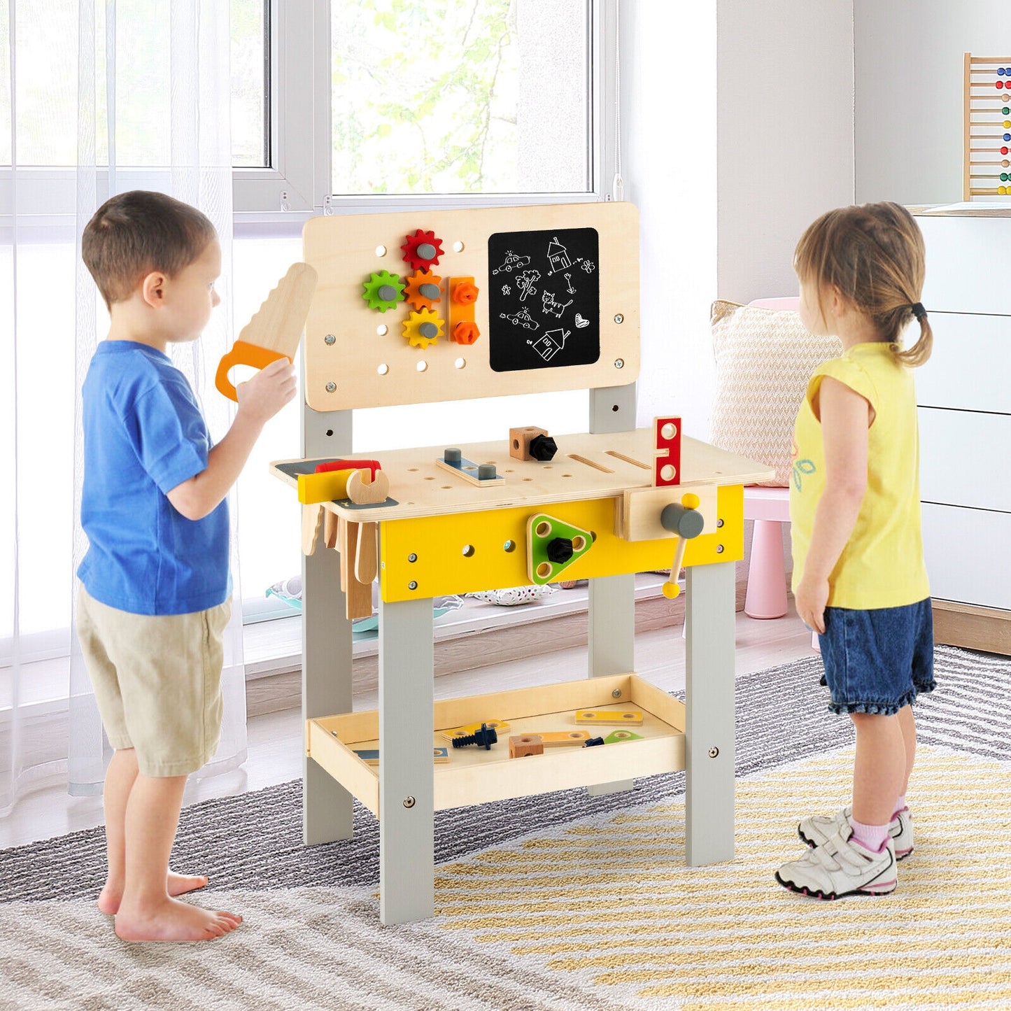 Wooden Pretend Play Workbench Set with Blackboard for Toddlers Ages 3+ Kids Crystal