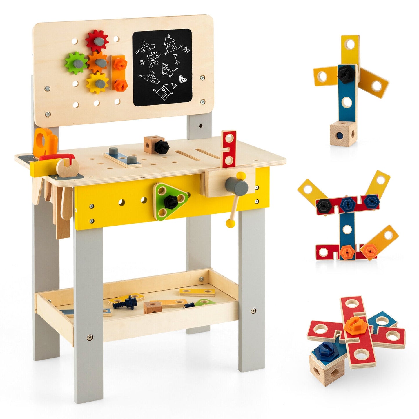 Wooden Pretend Play Workbench Set with Blackboard for Toddlers Ages 3+ Kids Crystal