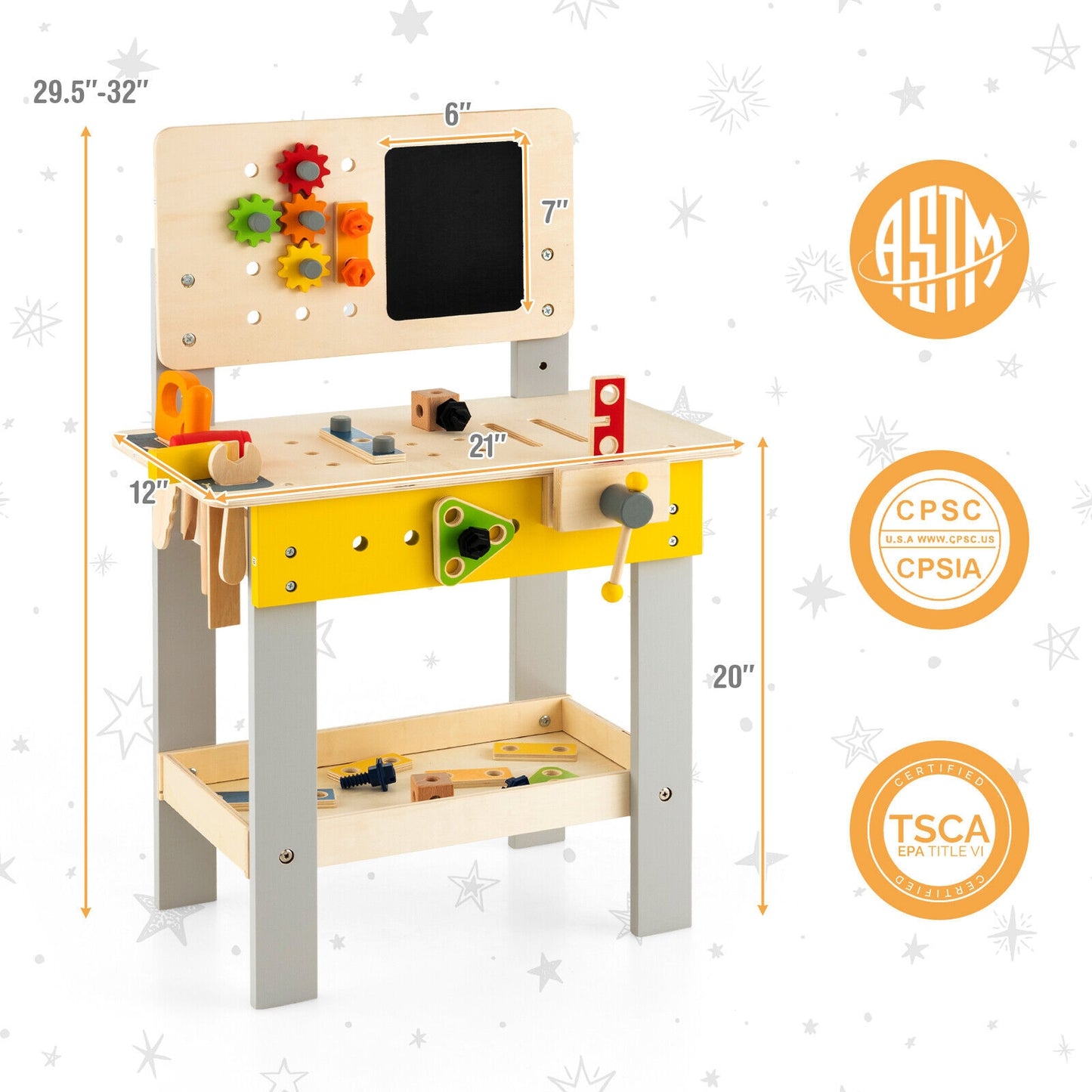Wooden Pretend Play Workbench Set with Blackboard for Toddlers Ages 3+ Kids Crystal