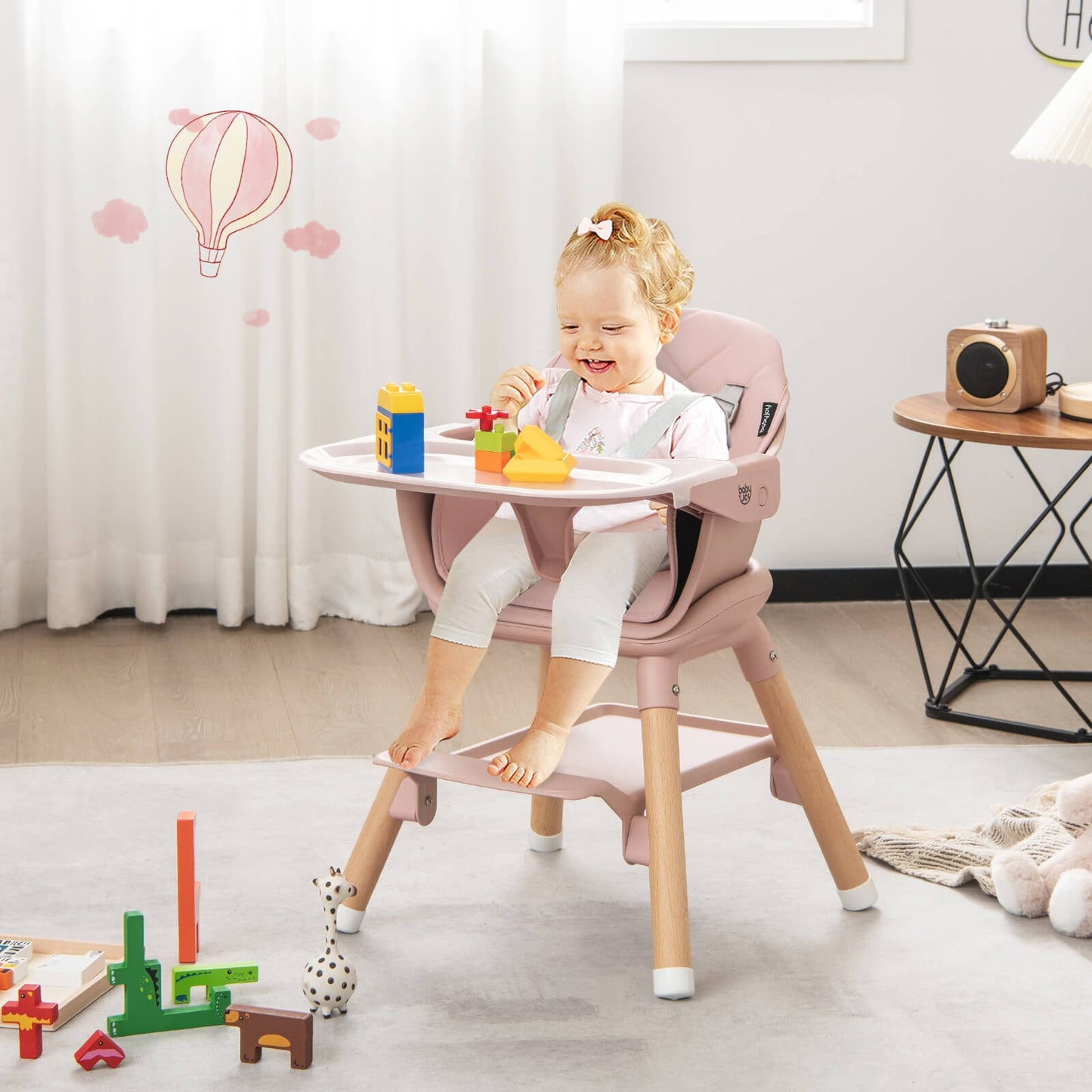 6 in 1 Convertible Highchair with Safety Harness and Removable Tray-Pink Kids Crystal