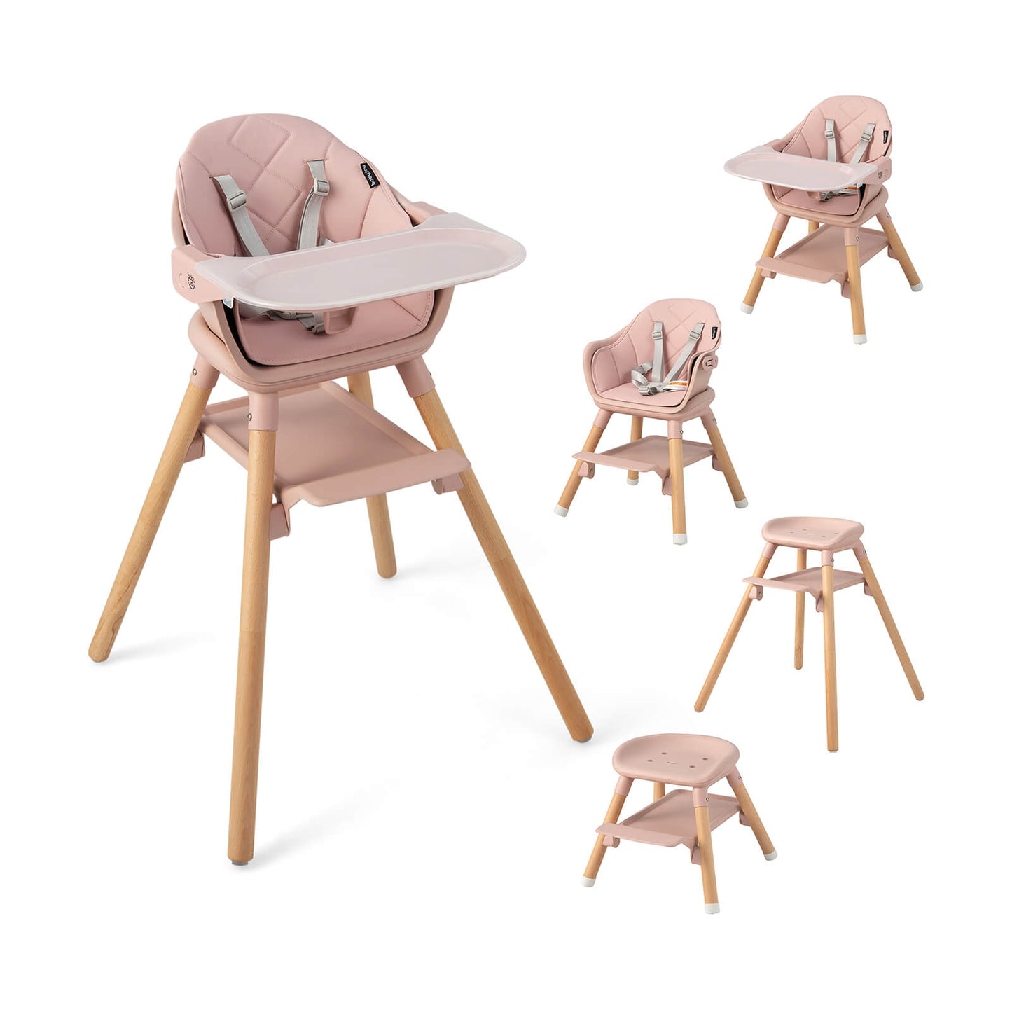 6 in 1 Convertible Highchair with Safety Harness and Removable Tray-Pink Kids Crystal
