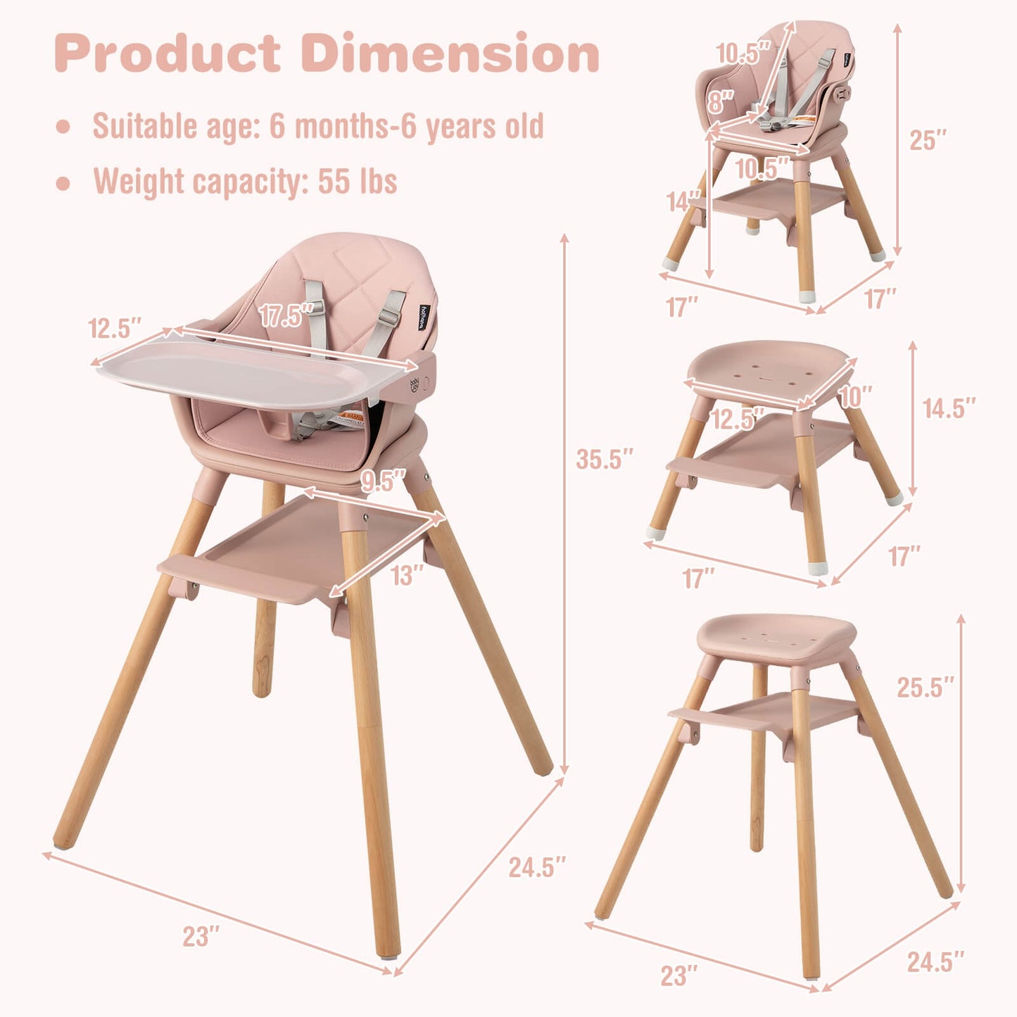 6 in 1 Convertible Highchair with Safety Harness and Removable Tray-Pink Kids Crystal