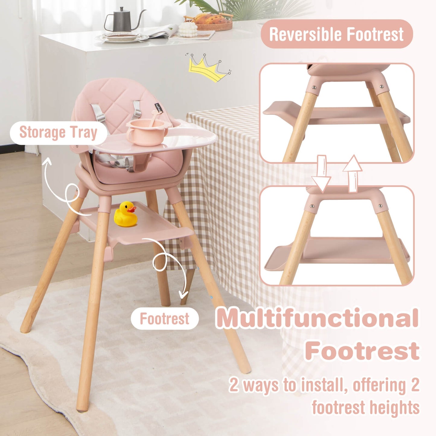 6 in 1 Convertible Highchair with Safety Harness and Removable Tray-Pink Kids Crystal