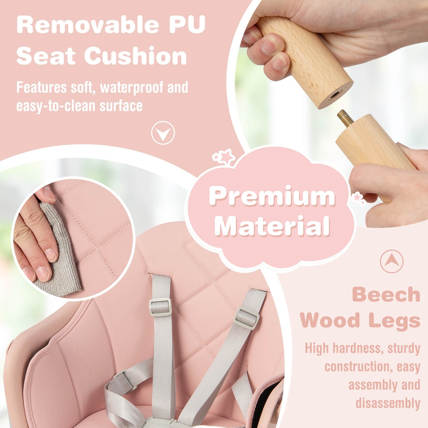 6 in 1 Convertible Highchair with Safety Harness and Removable Tray-Pink Kids Crystal