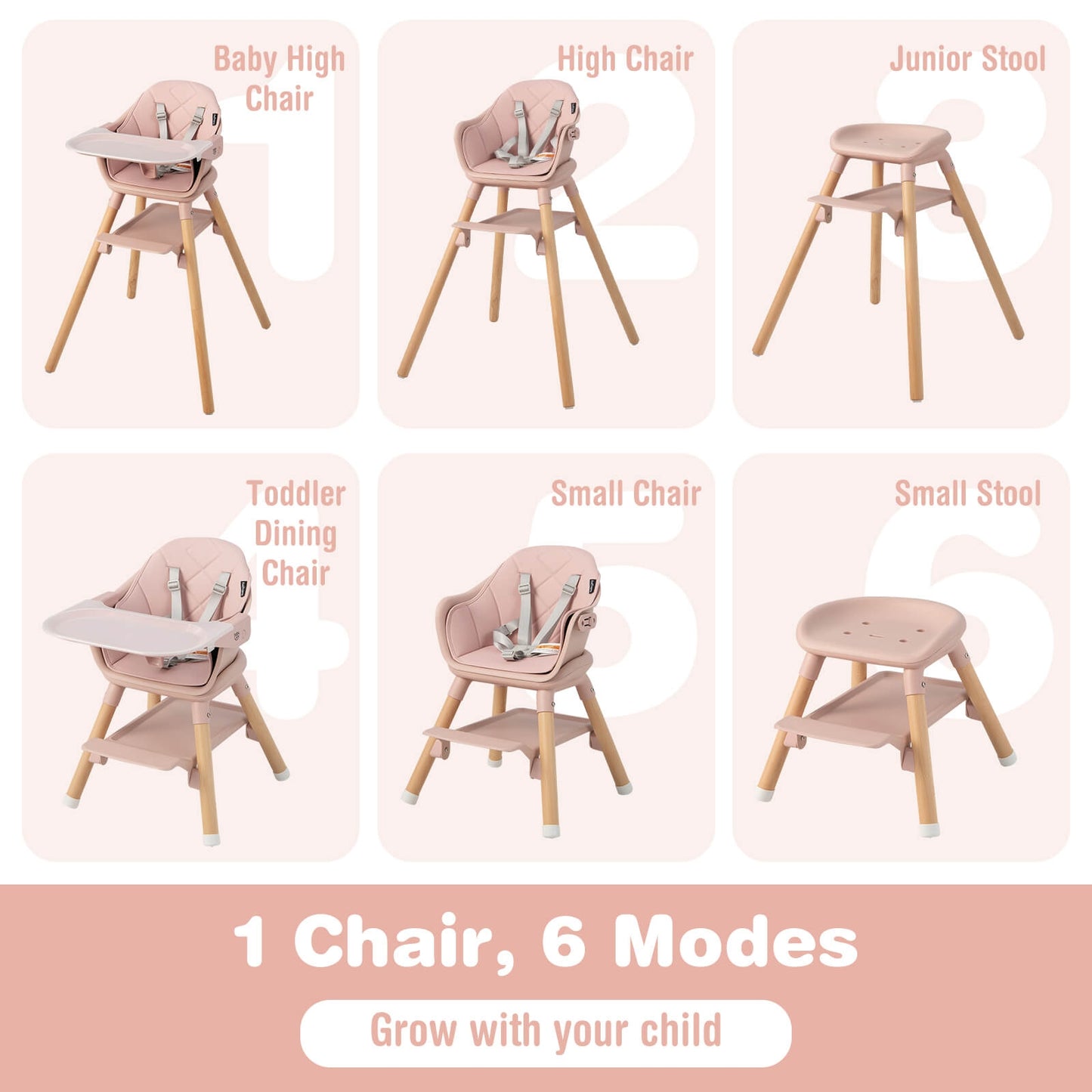 6 in 1 Convertible Highchair with Safety Harness and Removable Tray-Pink Kids Crystal