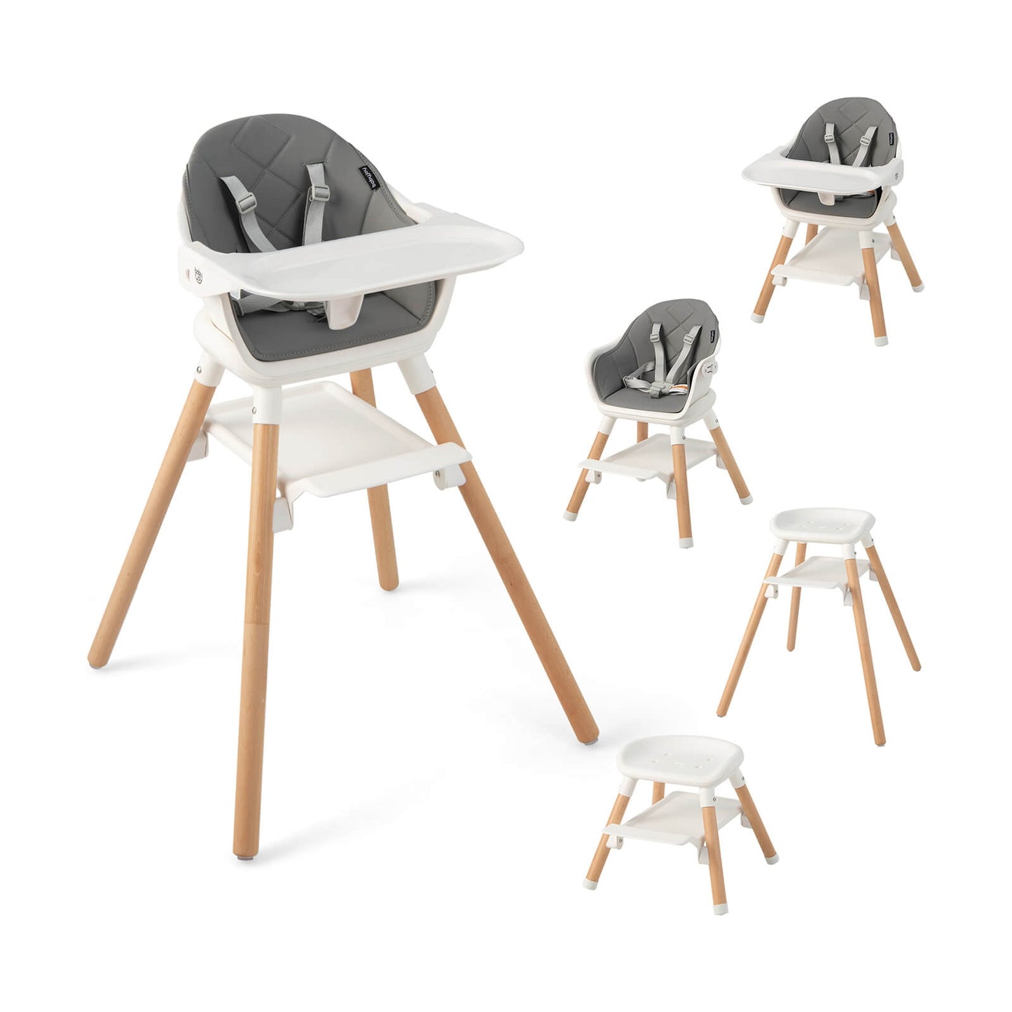 6 in 1 Convertible Highchair with Safety Harness and Removable Tray-White Kids Crystal