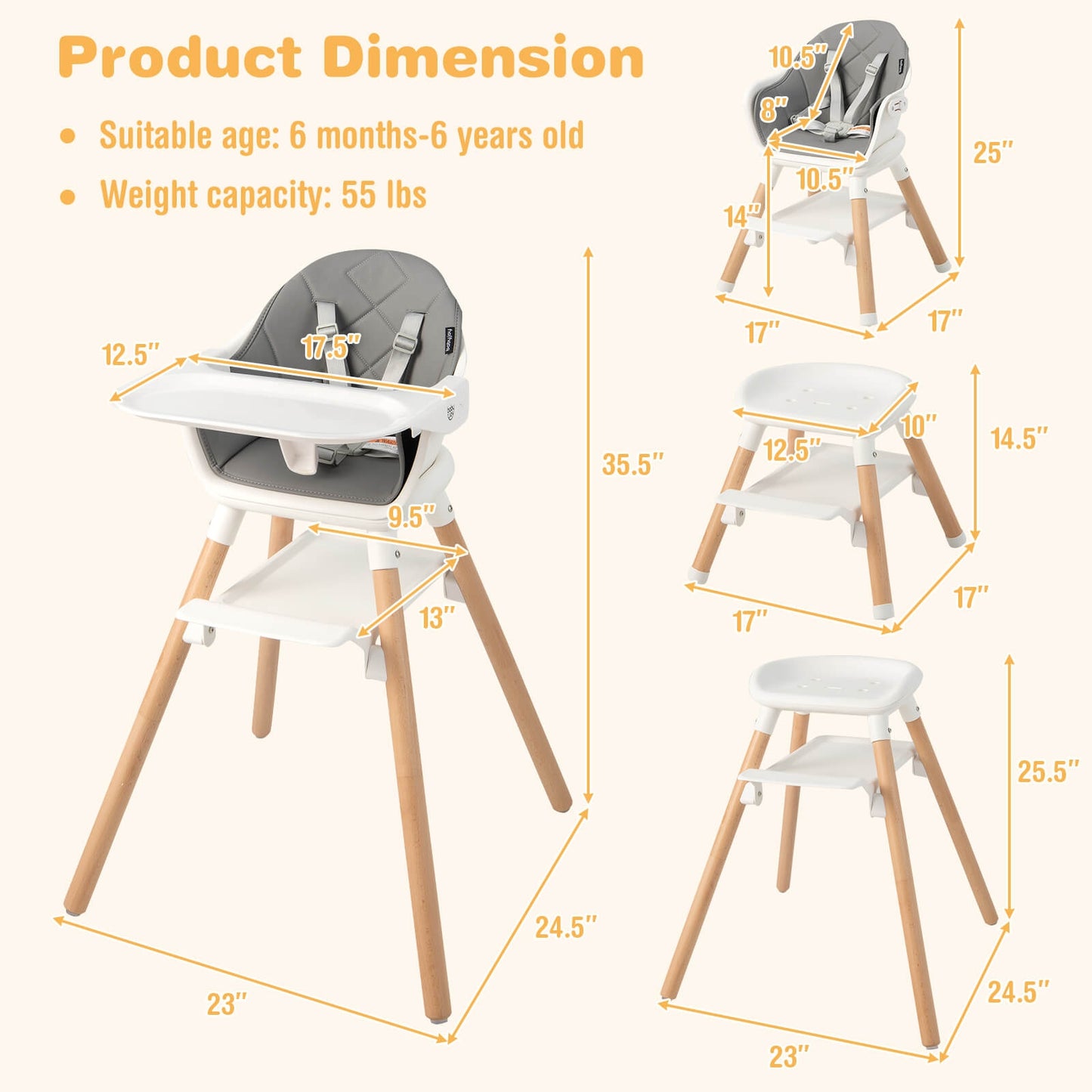 6 in 1 Convertible Highchair with Safety Harness and Removable Tray-White Kids Crystal