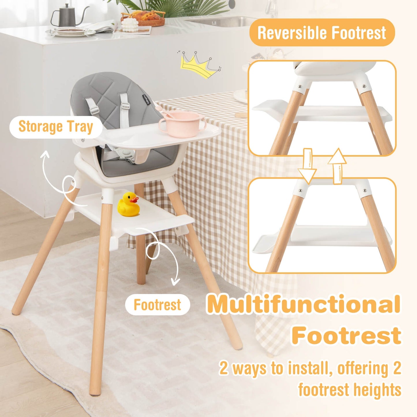 6 in 1 Convertible Highchair with Safety Harness and Removable Tray-White Kids Crystal