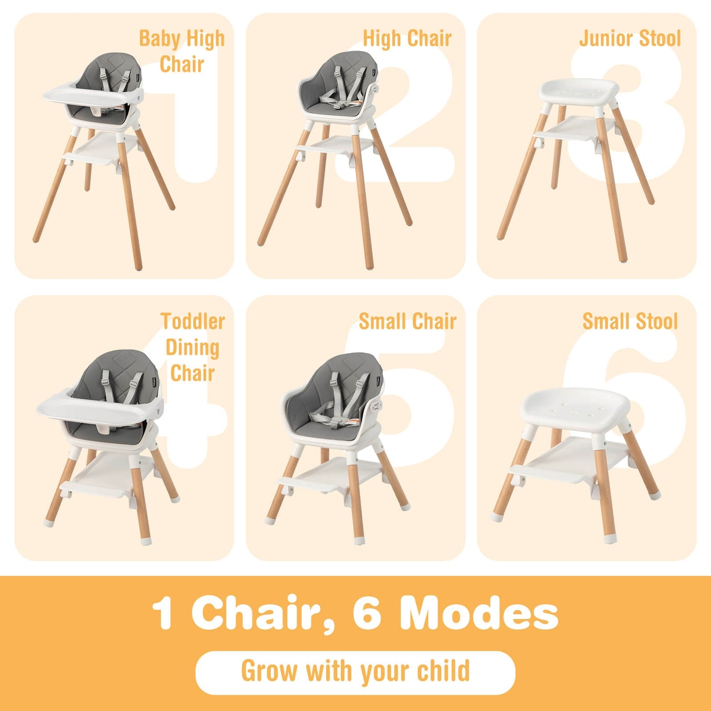 6 in 1 Convertible Highchair with Safety Harness and Removable Tray-White Kids Crystal