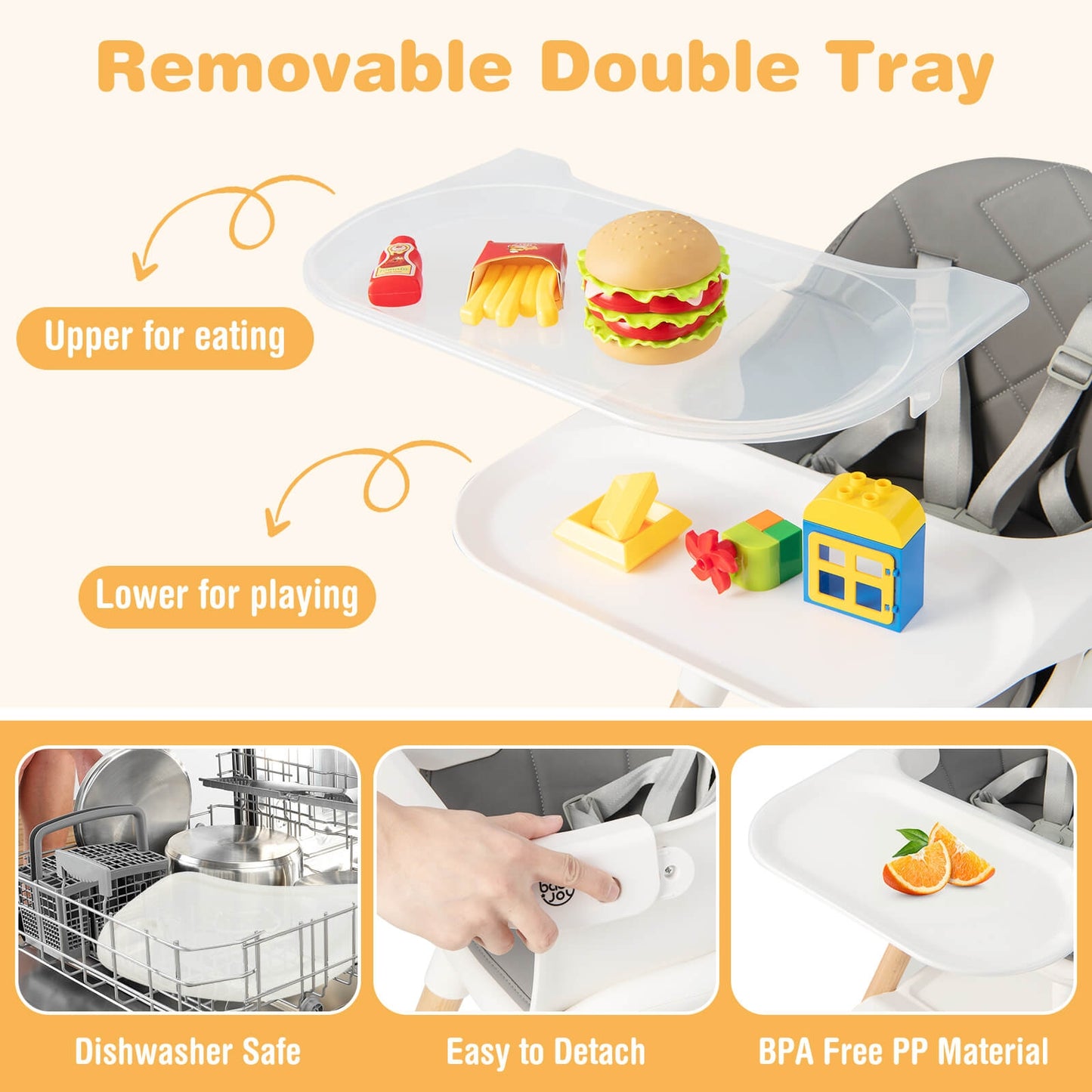 6 in 1 Convertible Highchair with Safety Harness and Removable Tray-White Kids Crystal