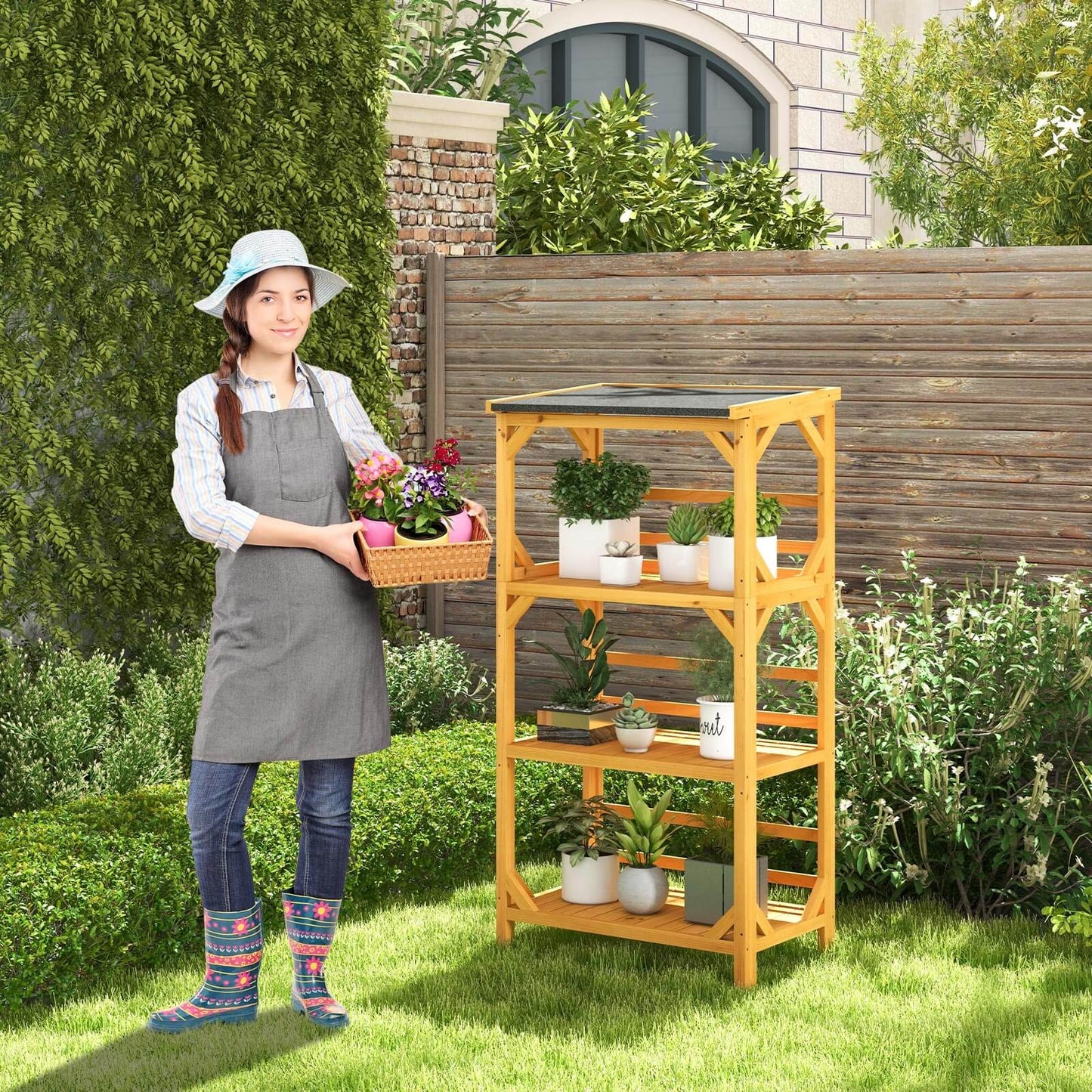 3-Tier Wooden Plant Stand with Weatherproof Asphalt Roof for Patio-Natural Kids Crystal