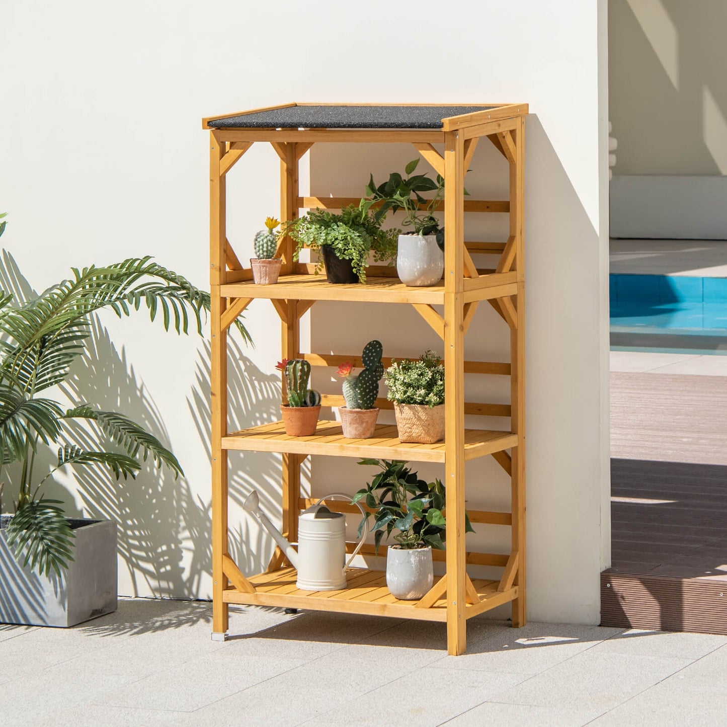 3-Tier Wooden Plant Stand with Weatherproof Asphalt Roof for Patio-Natural Kids Crystal