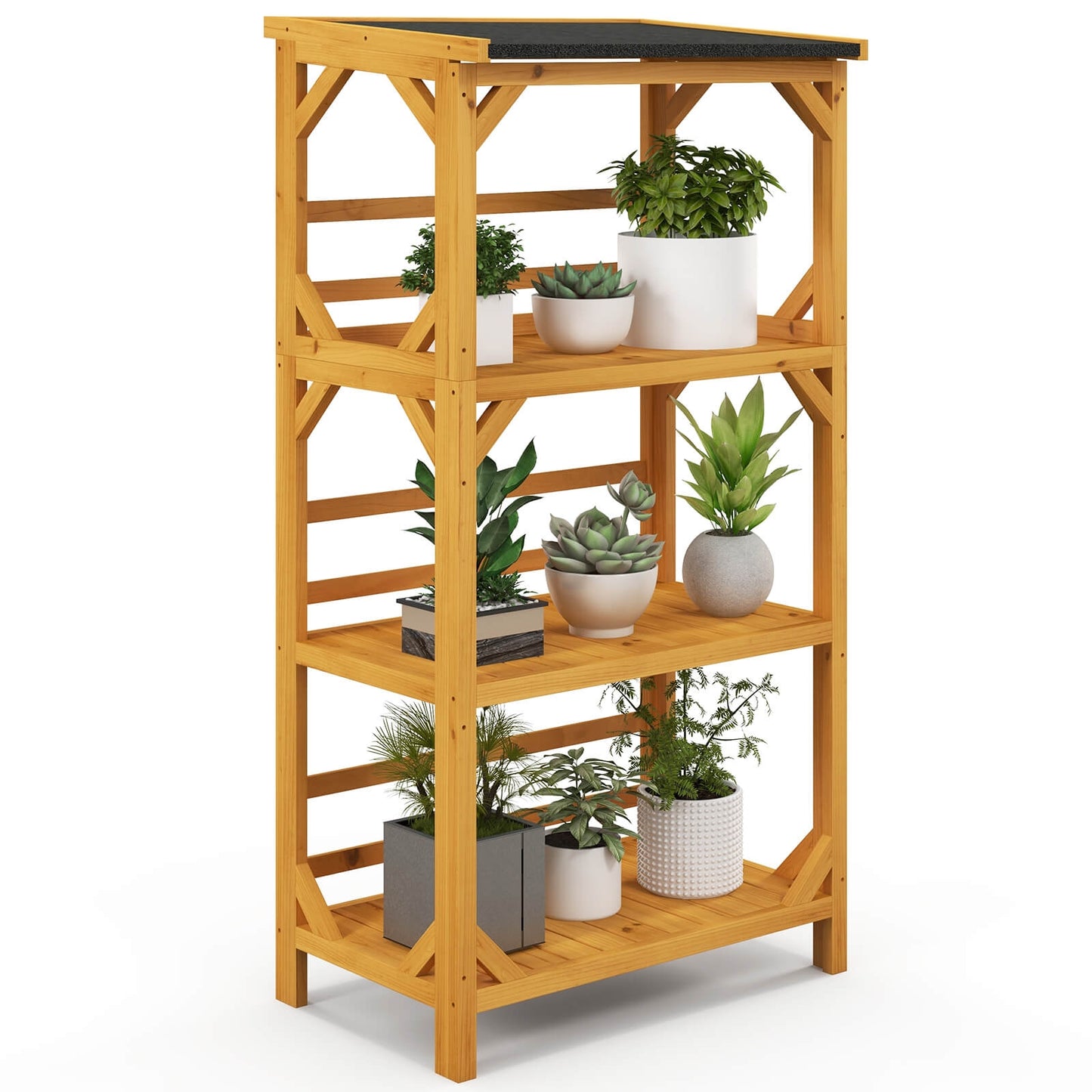 3-Tier Wooden Plant Stand with Weatherproof Asphalt Roof for Patio-Natural Kids Crystal