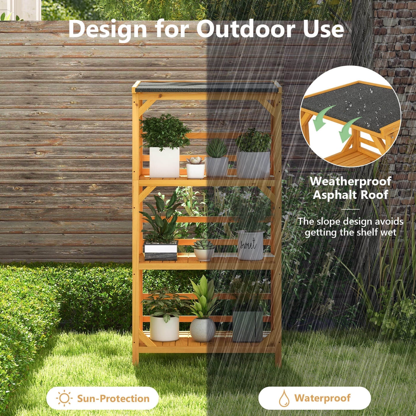 3-Tier Wooden Plant Stand with Weatherproof Asphalt Roof for Patio-Natural Kids Crystal