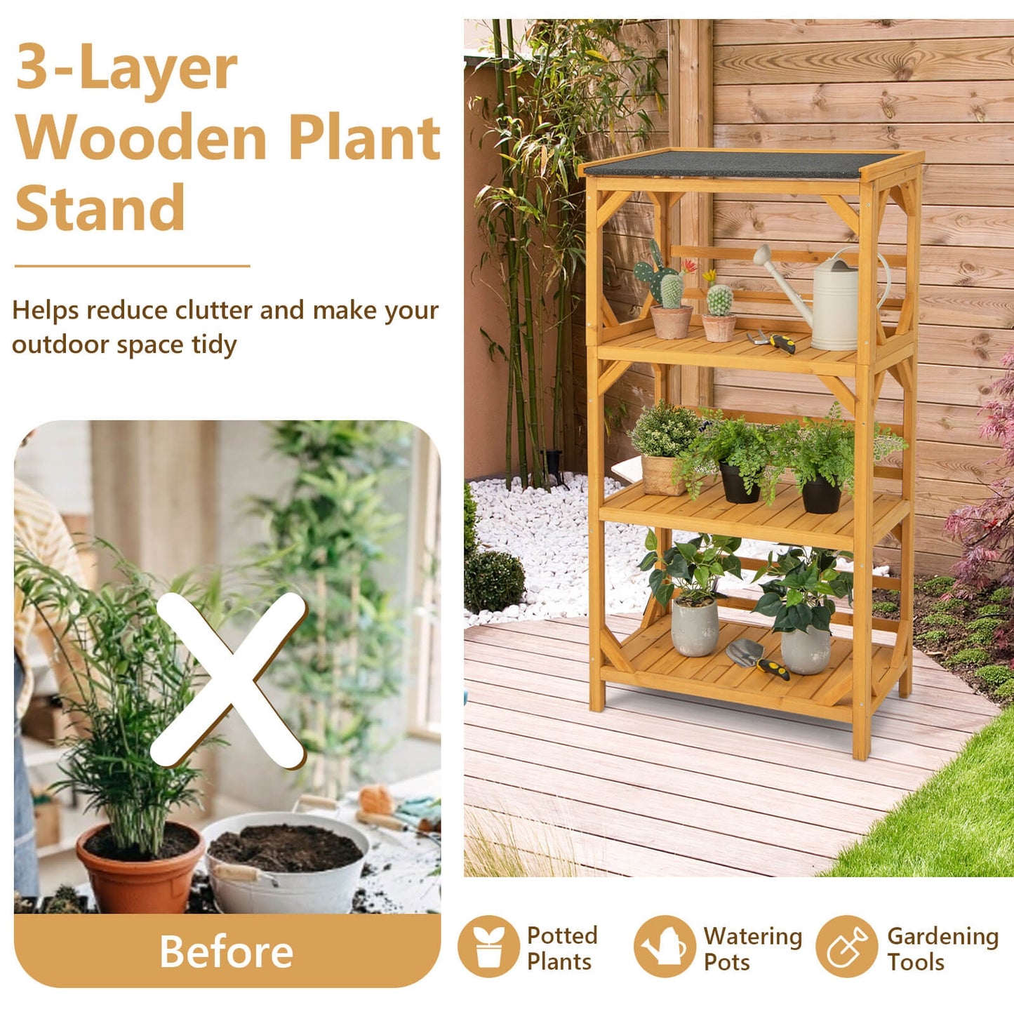 3-Tier Wooden Plant Stand with Weatherproof Asphalt Roof for Patio-Natural Kids Crystal