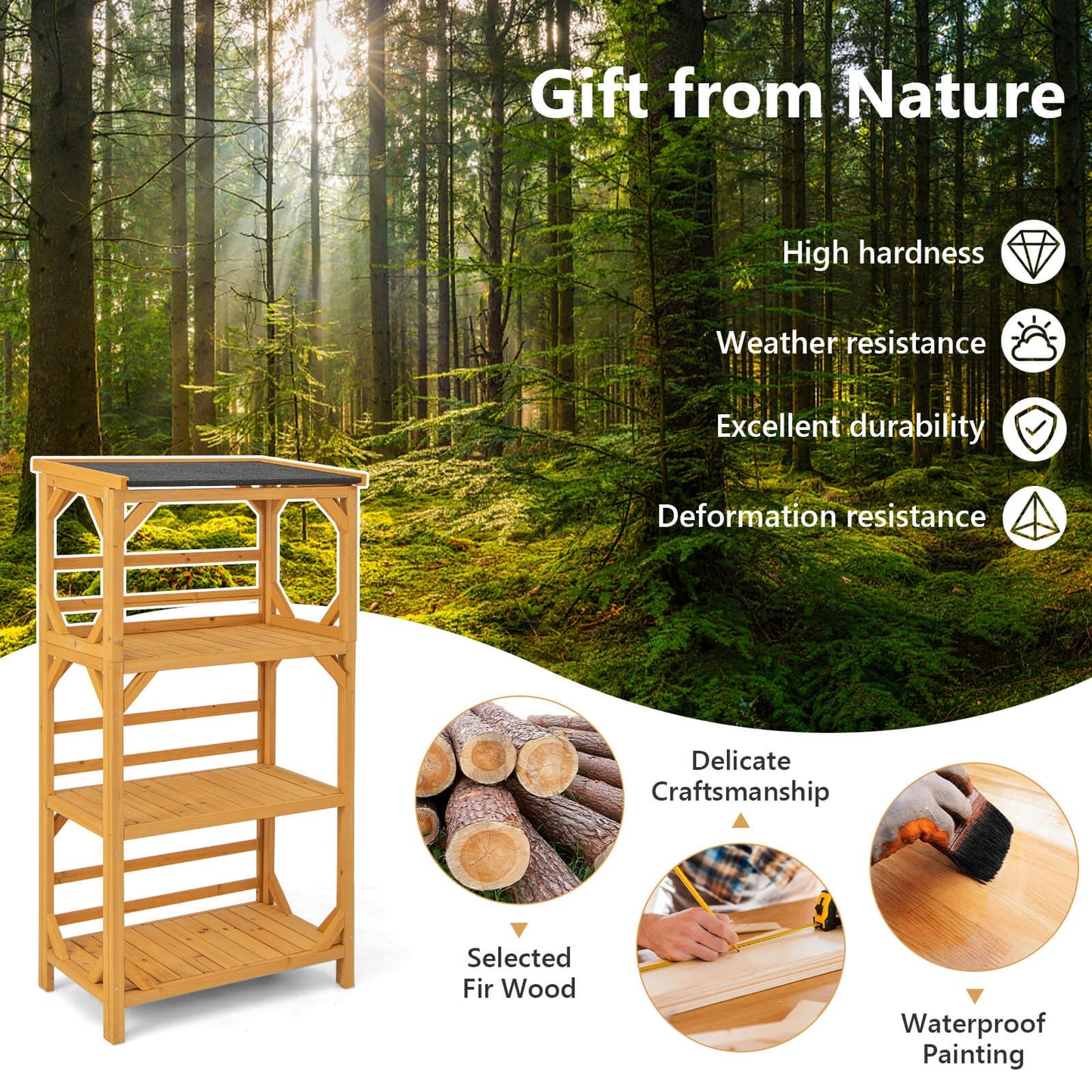 3-Tier Wooden Plant Stand with Weatherproof Asphalt Roof for Patio-Natural Kids Crystal