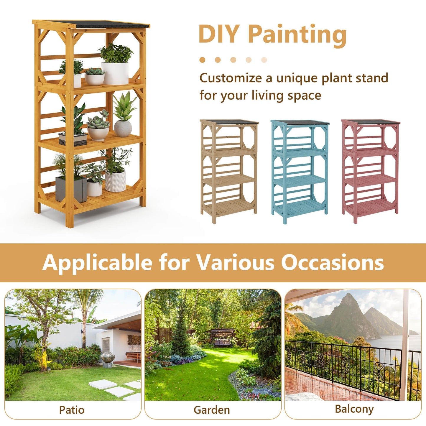 3-Tier Wooden Plant Stand with Weatherproof Asphalt Roof for Patio-Natural Kids Crystal