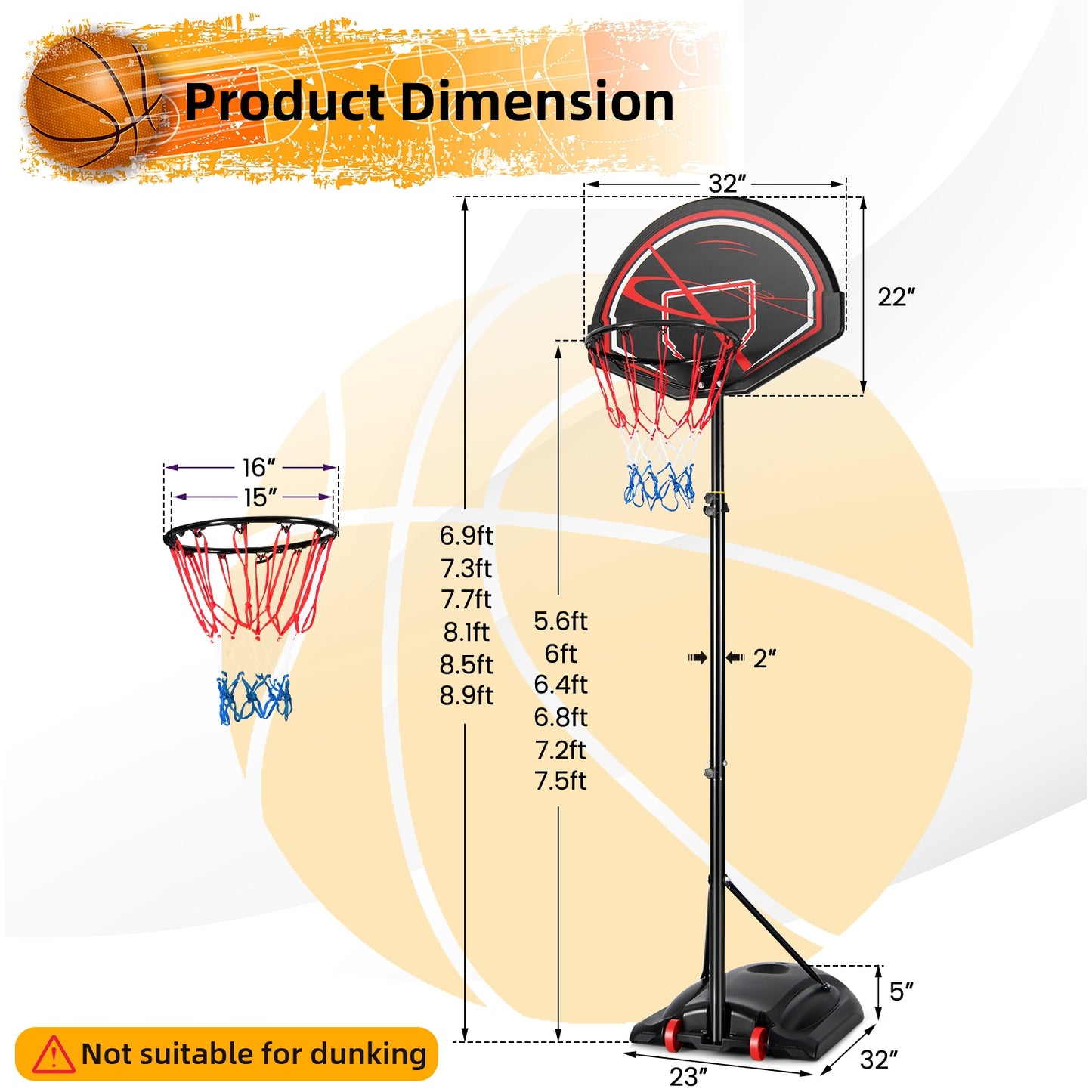Portable Basketball Hoop Stand with Wheels and 2 Nets Kids Crystal