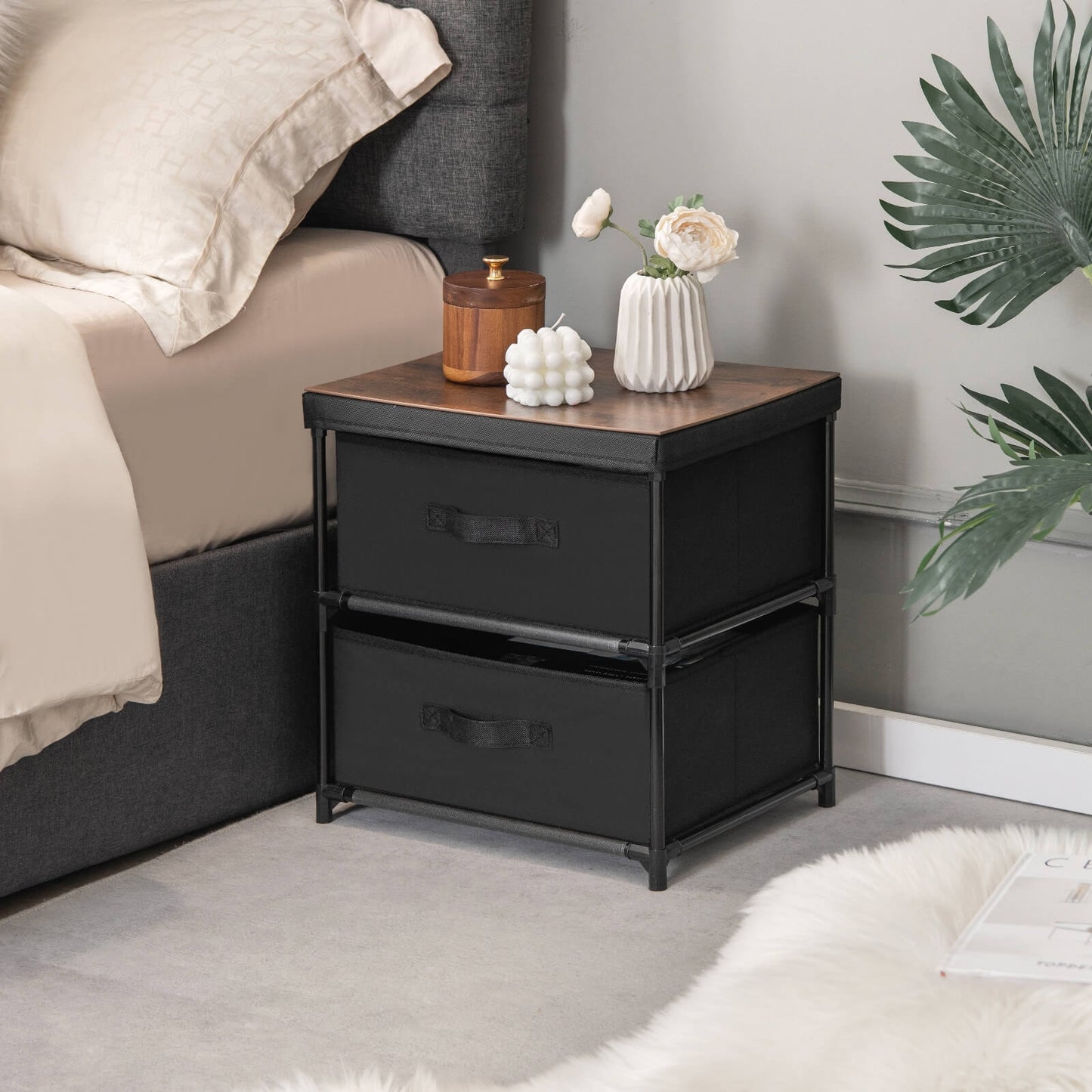 2-Drawer Nightstand with Removable Fabric Bins and Pull Handles-Black Kids Crystal