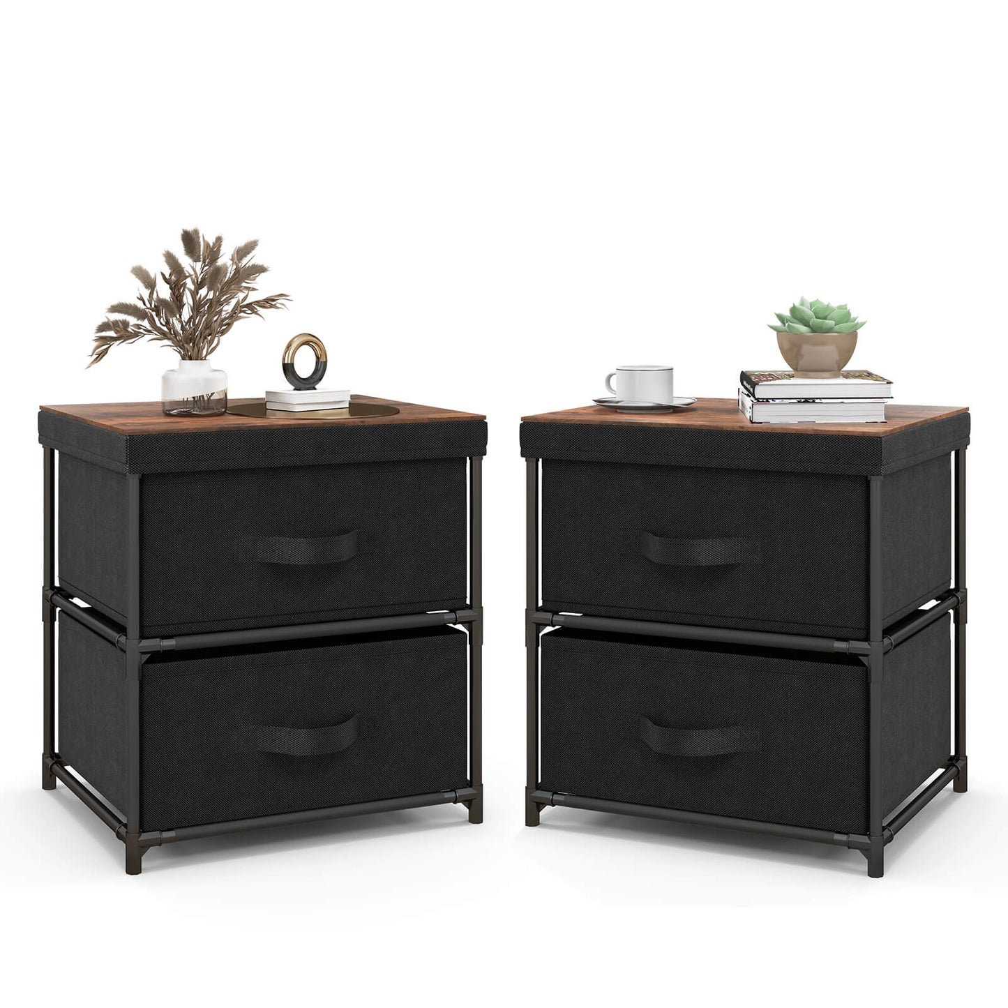 2-Drawer Nightstand with Removable Fabric Bins and Pull Handles-Black Kids Crystal