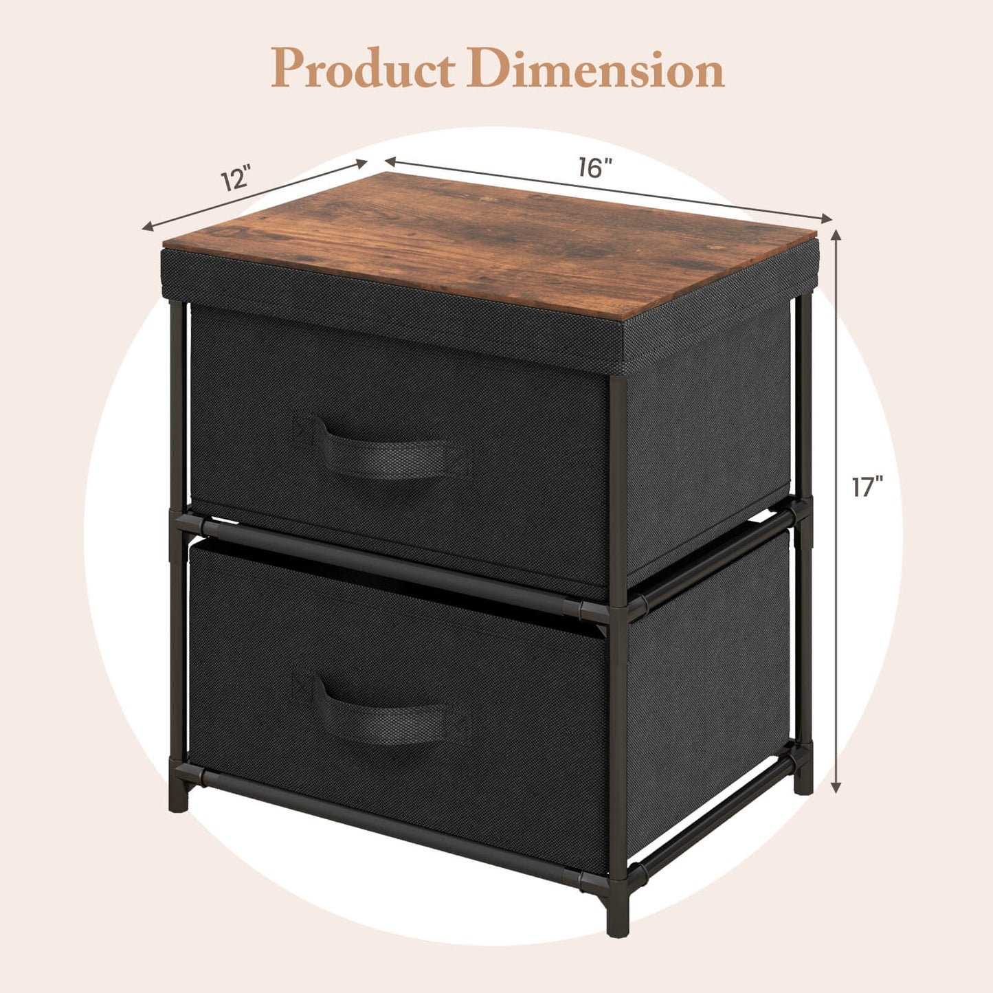 2-Drawer Nightstand with Removable Fabric Bins and Pull Handles-Black Kids Crystal
