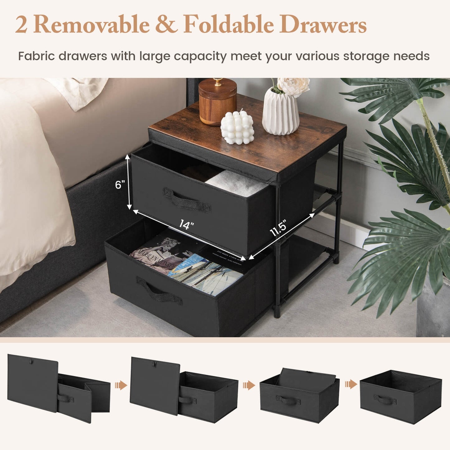 2-Drawer Nightstand with Removable Fabric Bins and Pull Handles-Black Kids Crystal