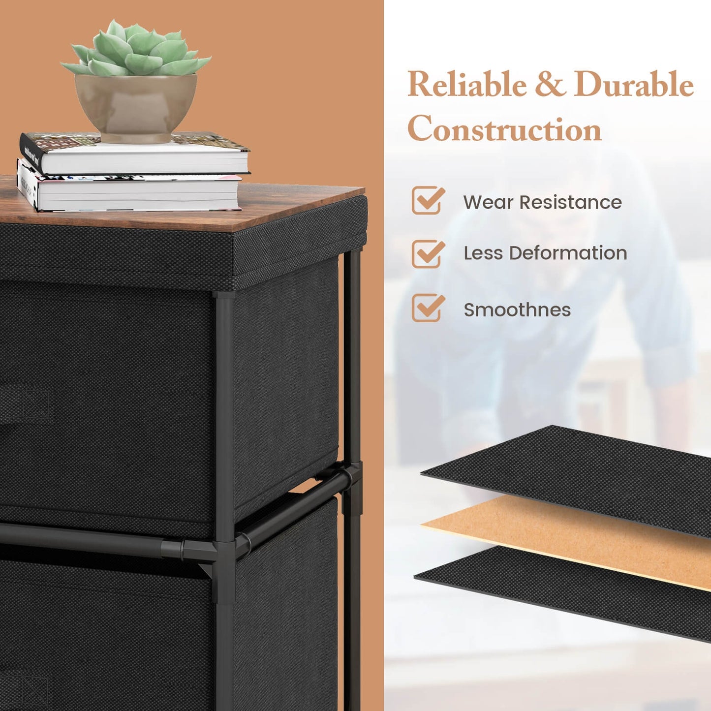 2-Drawer Nightstand with Removable Fabric Bins and Pull Handles-Black Kids Crystal