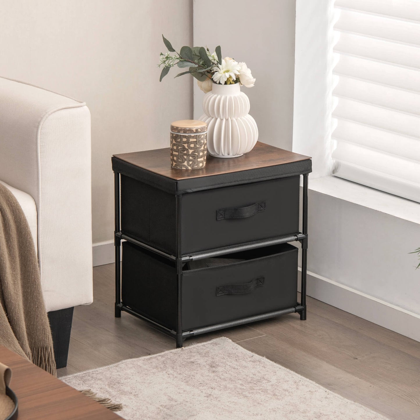 2-Drawer Nightstand with Removable Fabric Bins and Pull Handles-Black Kids Crystal