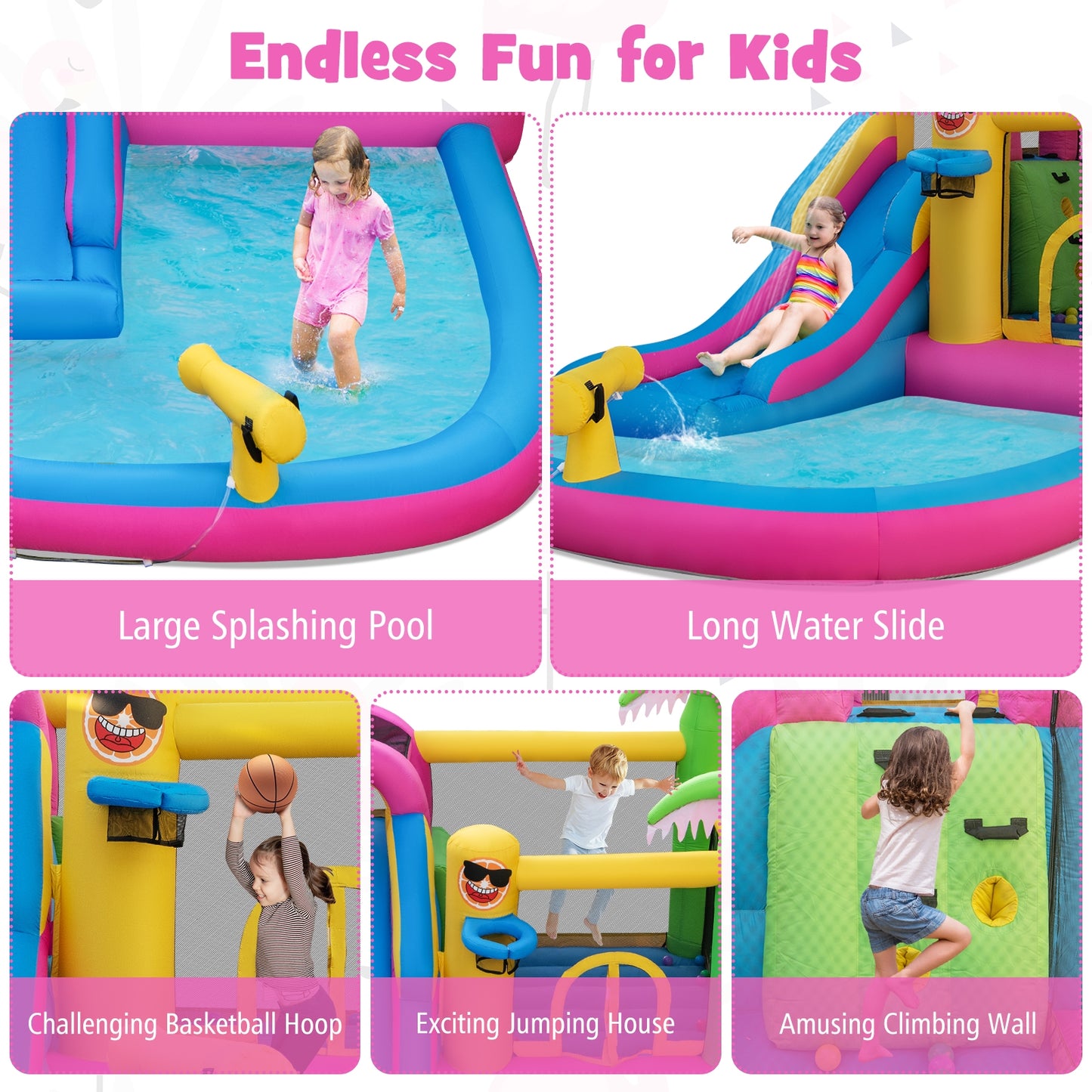 Inflatable Bounce Castle with Long Water Slide and 735W Blower Kids Crystal