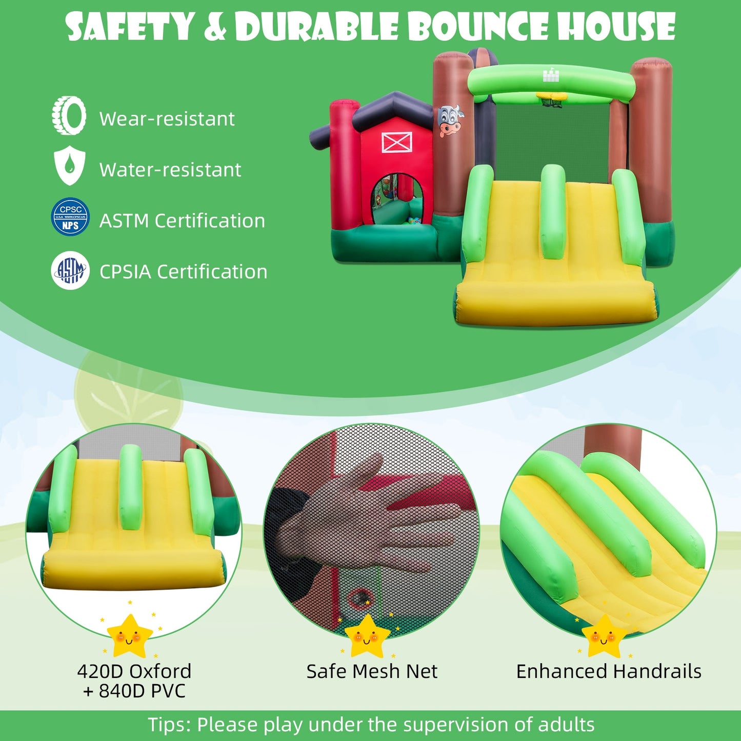 6-in-1 Inflatable Bounce House with Double Slides without 735W Blower Kids Crystal