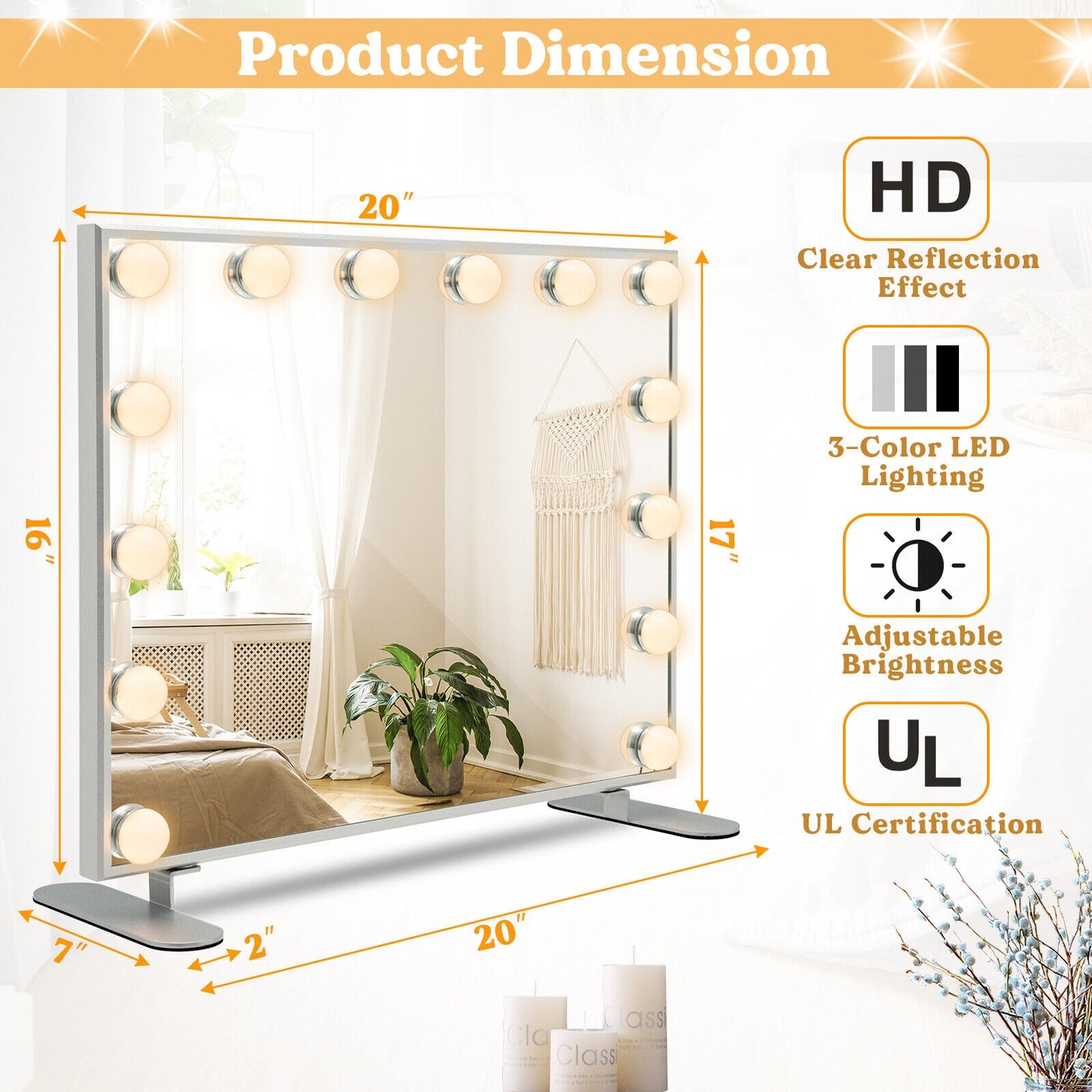 2-in-1 Vanity Mirror with 14 Dimmable LED Bulbs Kids Crystal