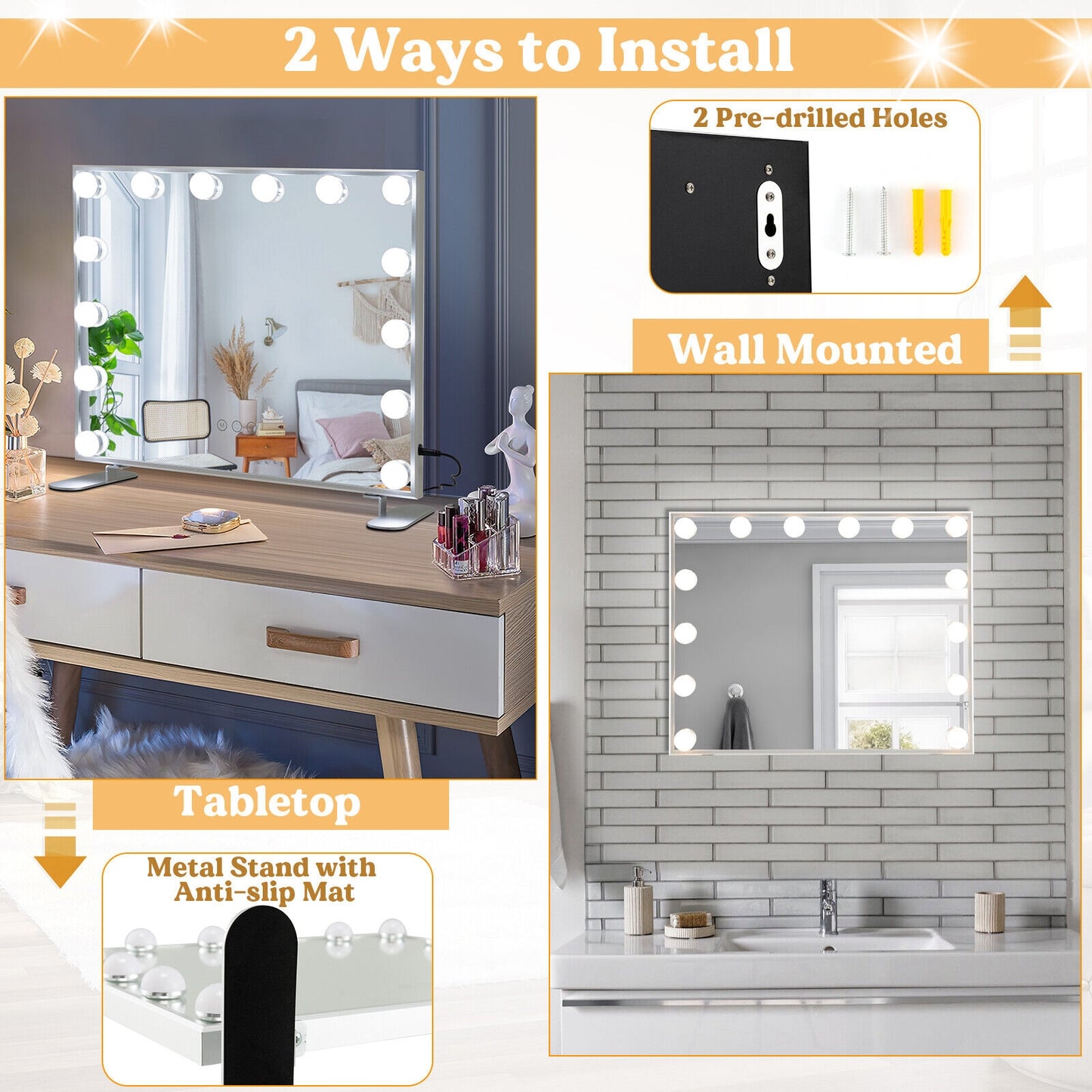 2-in-1 Vanity Mirror with 14 Dimmable LED Bulbs Kids Crystal