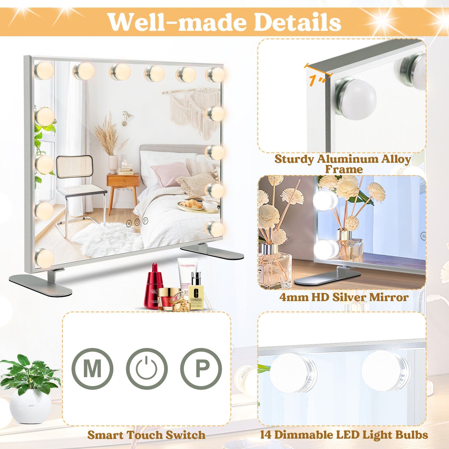 2-in-1 Vanity Mirror with 14 Dimmable LED Bulbs Kids Crystal